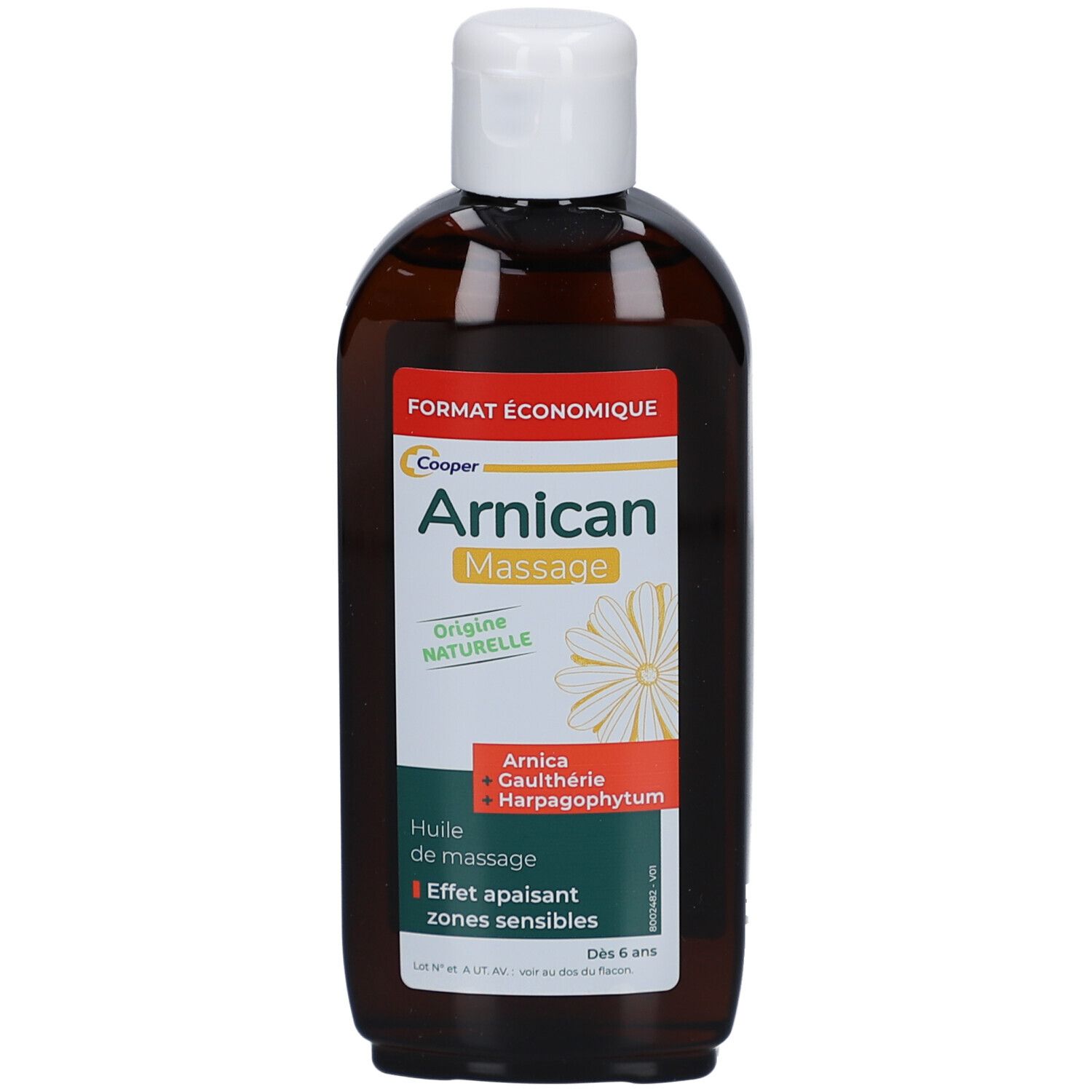 Flacon brun avec bouchon blanc. Étiquette avec nom du produit et ingrédients. "Huile de massage" et "Effet apaisant" sont visibles.