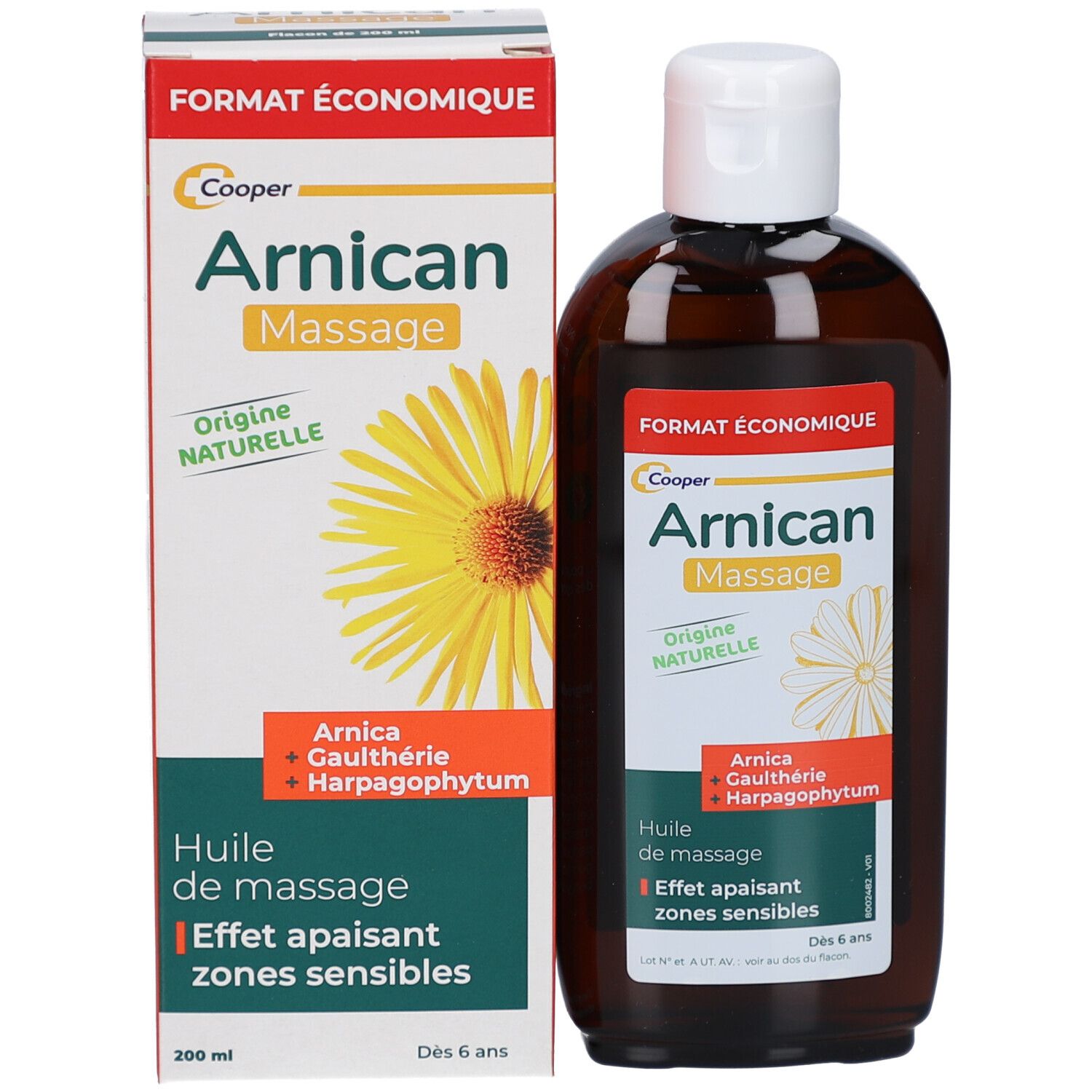 Flacon et emballage du produit. Flacon et boîte avec nom du produit et ingrédients. "Huile de massage" et "Effet apaisant" sont visibles.