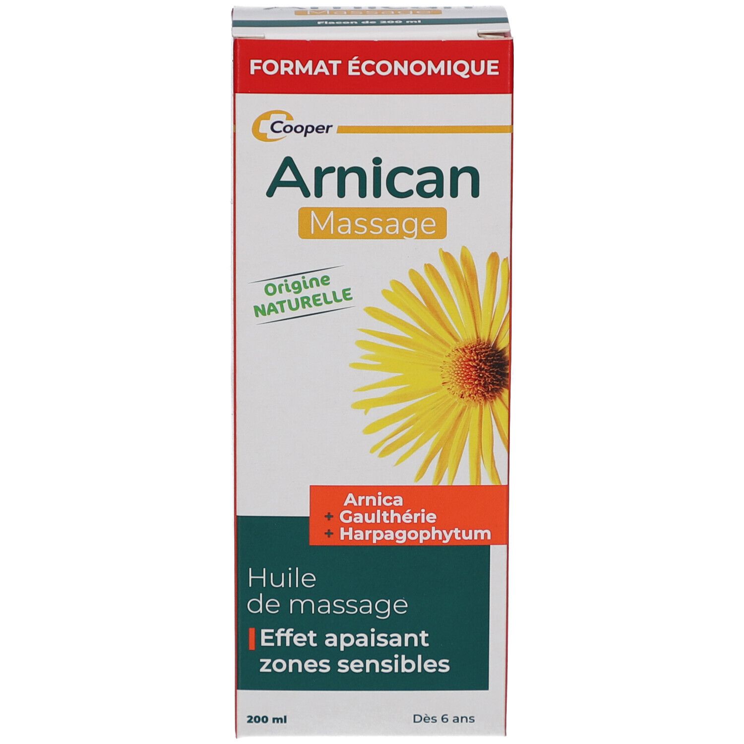 Emballage du produit. Boîte avec nom du produit, ingrédients et image d'une fleur. "Huile de massage" et "Effet apaisant" sont visibles.