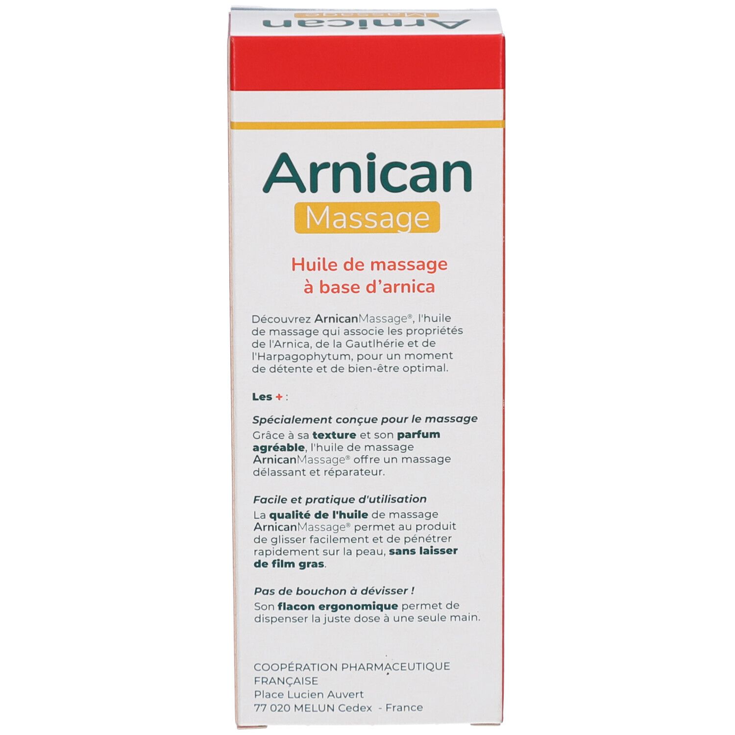 Emballage du produit. Texte sur la boîte avec description et avantages du produit. Texte en français.