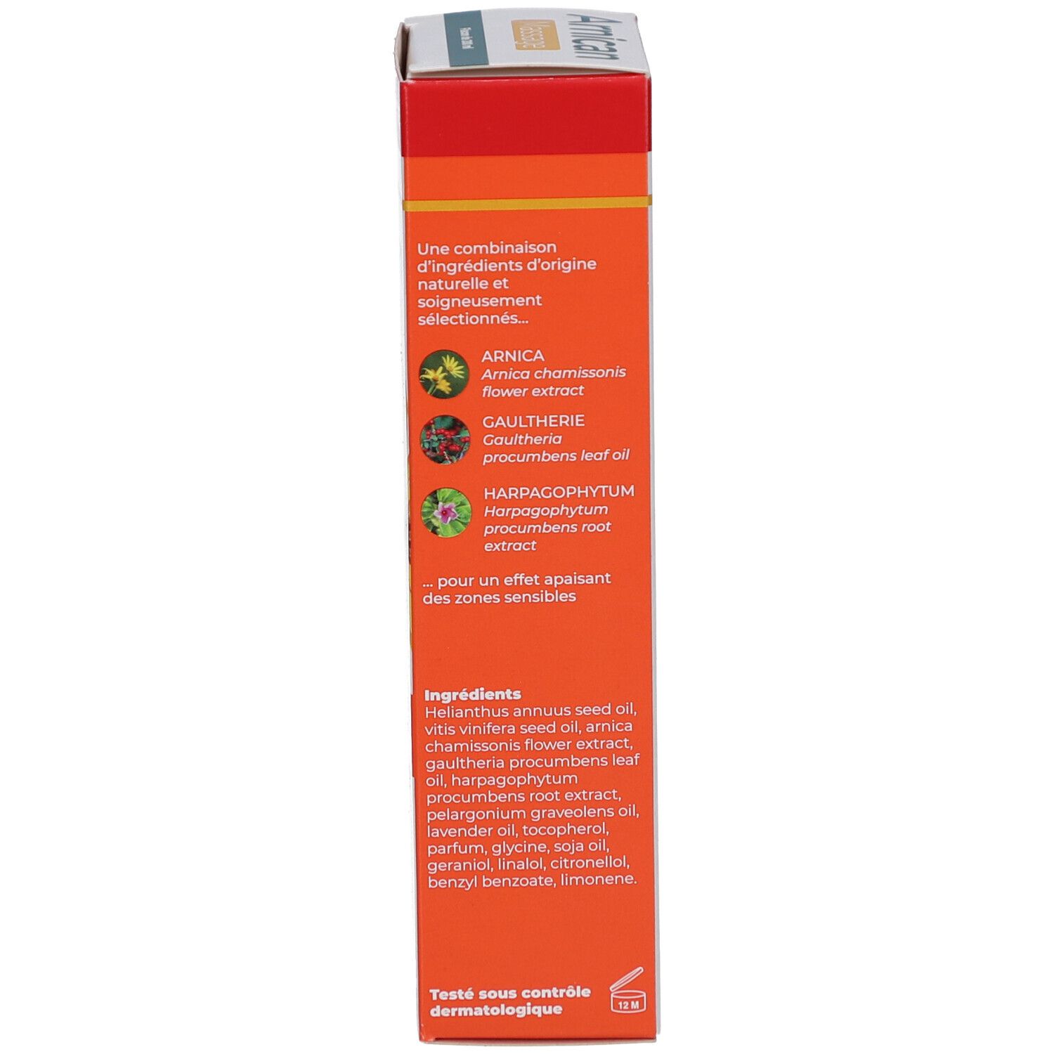 Emballage du produit. Côté de la boîte avec ingrédients et informations. Texte en français.