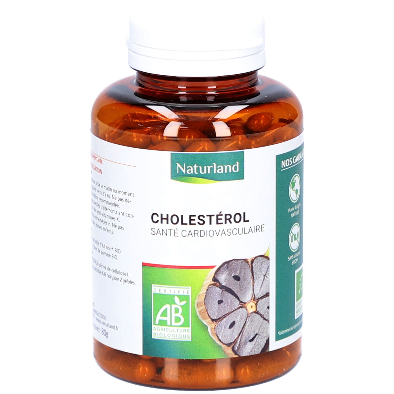 Flacon marron de gélules. Étiquette avec nom du produit, image d'ail et label AB bio. Bouchon blanc.