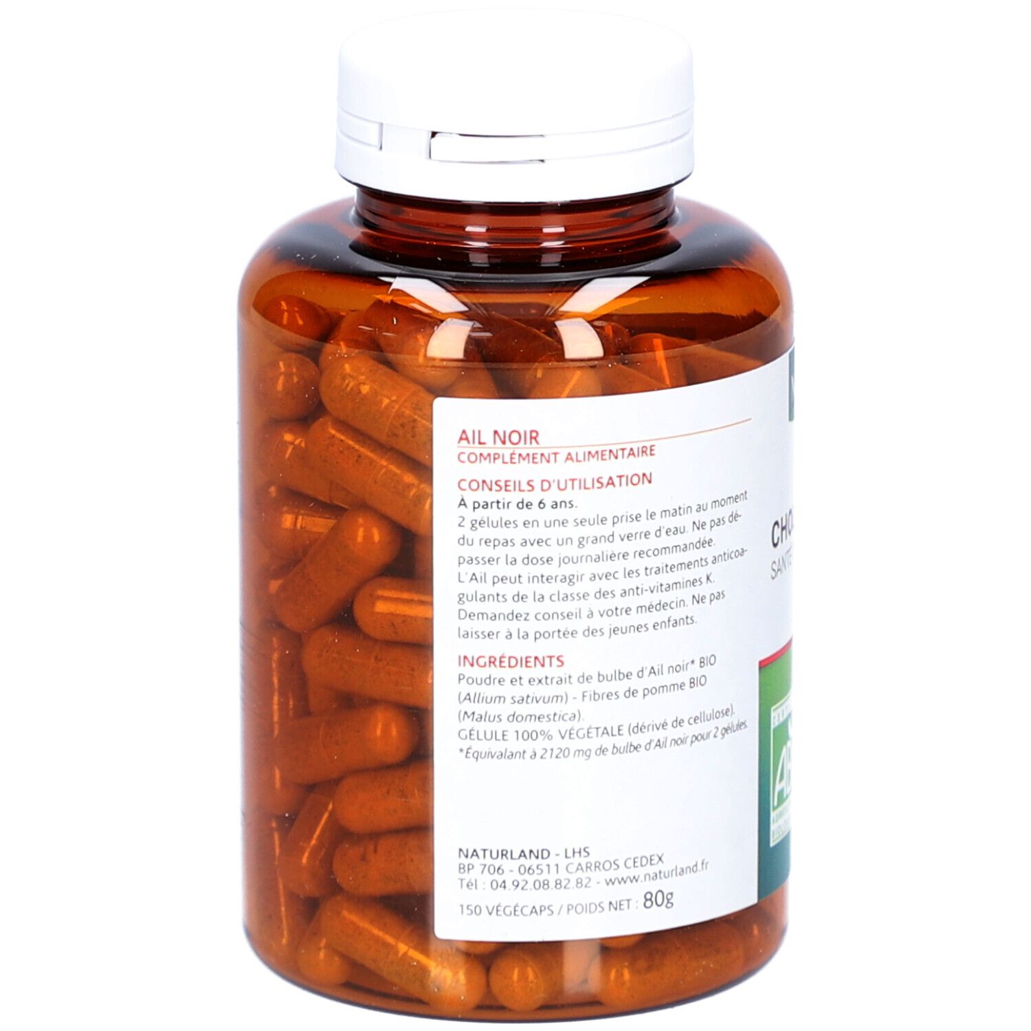 Dos d'un flacon marron de gélules. Étiquette avec ingrédients et instructions d'utilisation. Bouchon blanc.