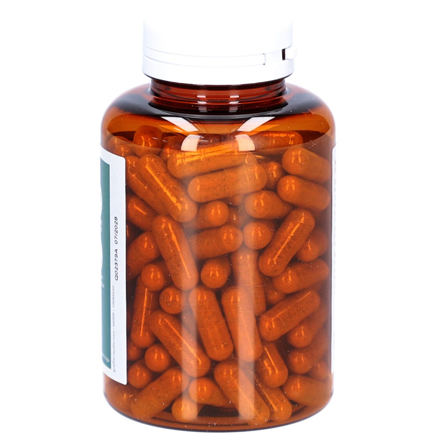 Flacon marron de gélules. Bouchon blanc. Gélules visibles à l'intérieur du flacon.