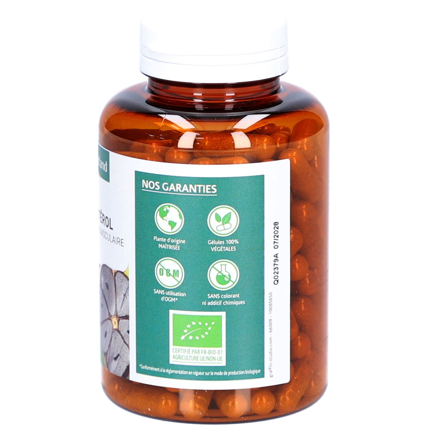 Dos d'un flacon marron de gélules. Étiquette avec garanties et label bio. Bouchon blanc.