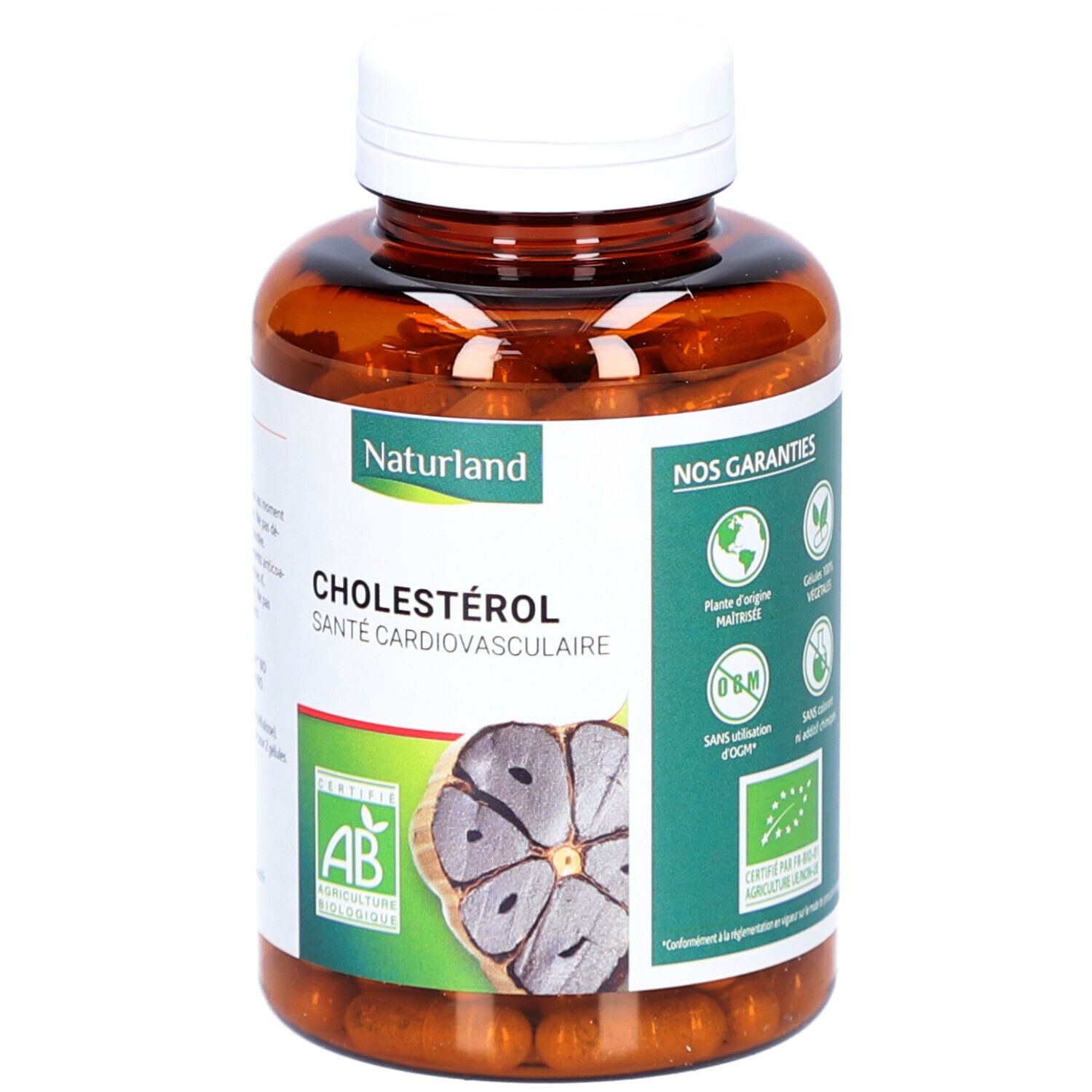 Flacon marron de gélules. Étiquette avec nom du produit, image d'ail et label AB bio. Bouchon blanc.