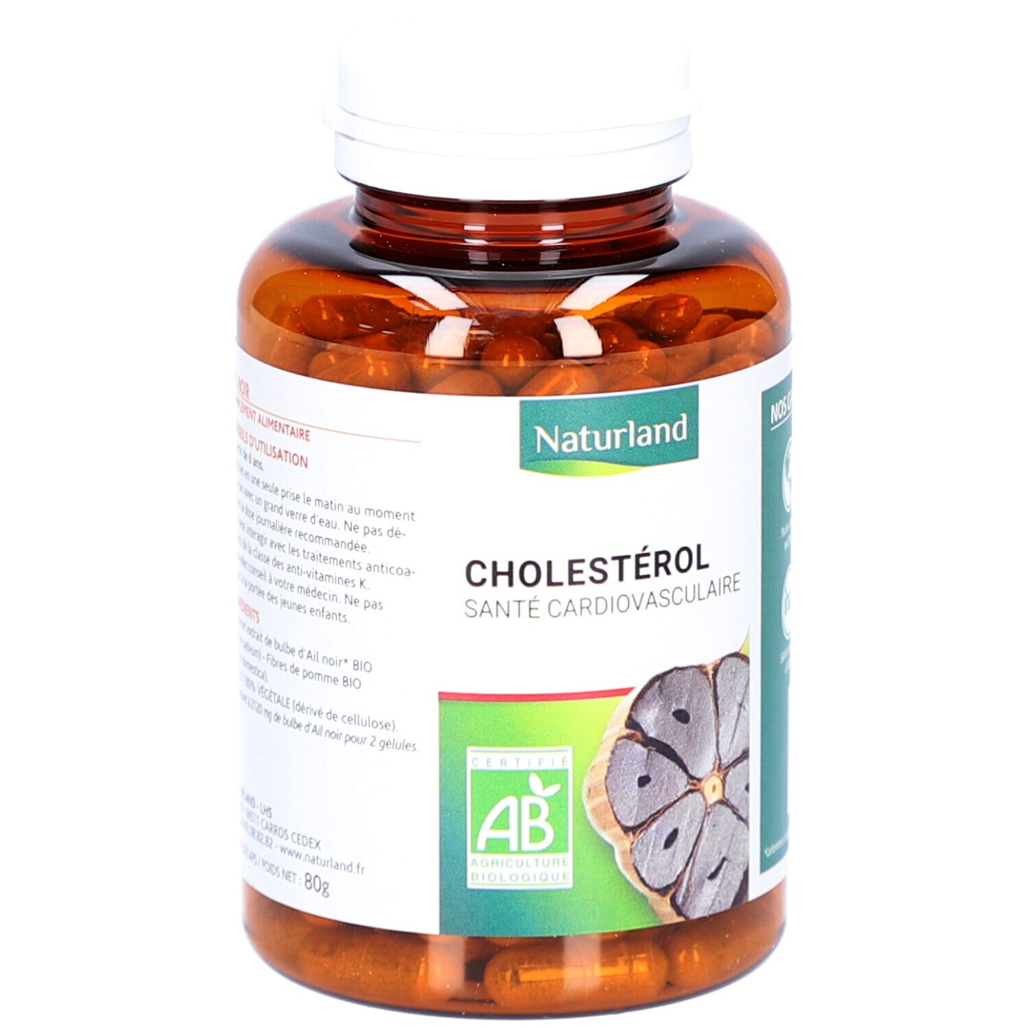 Flacon marron de gélules. Étiquette avec nom du produit, image d'ail et label AB bio. Bouchon blanc.