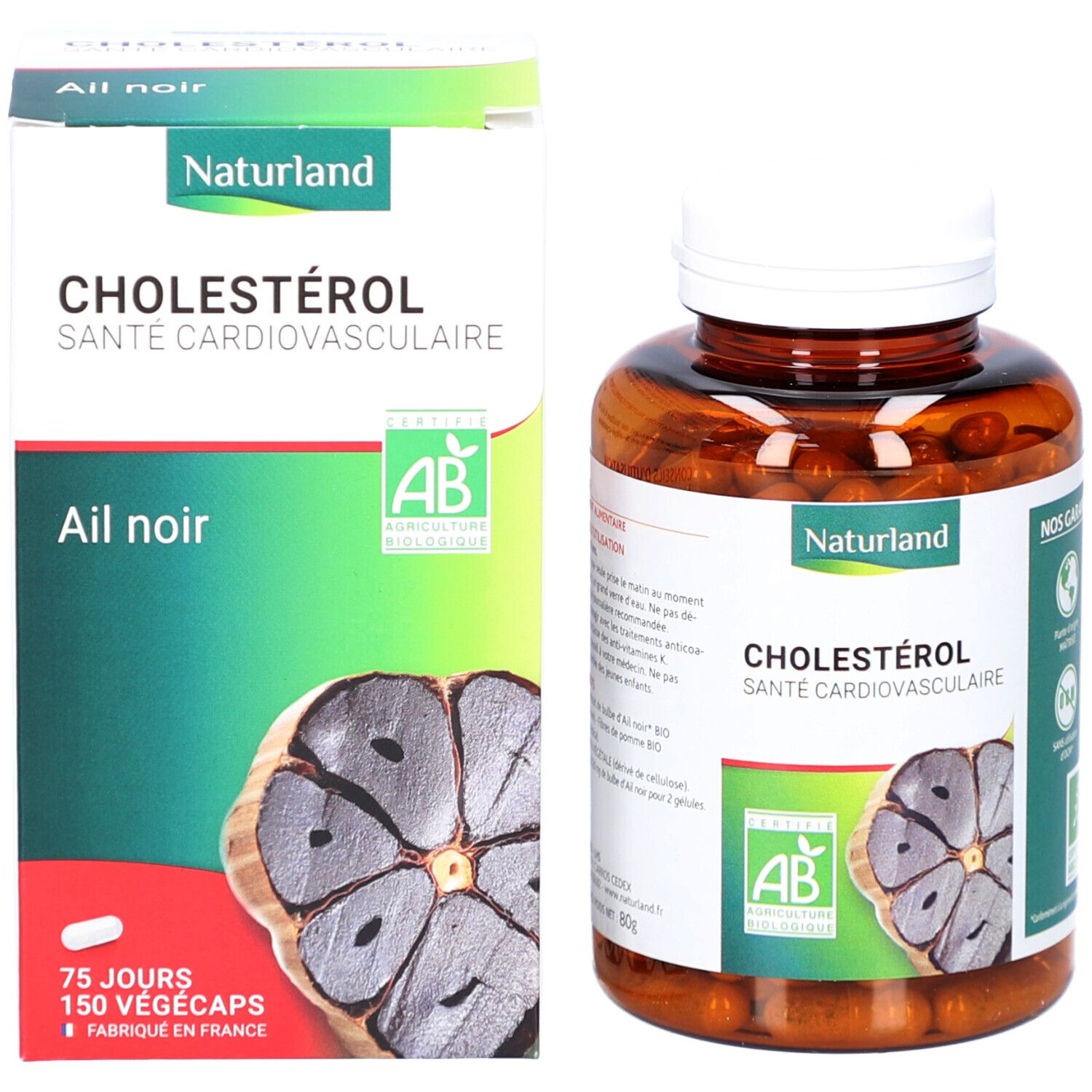 Boîte et flacon de gélules. Boîte avec nom du produit, image d'ail et label AB bio.