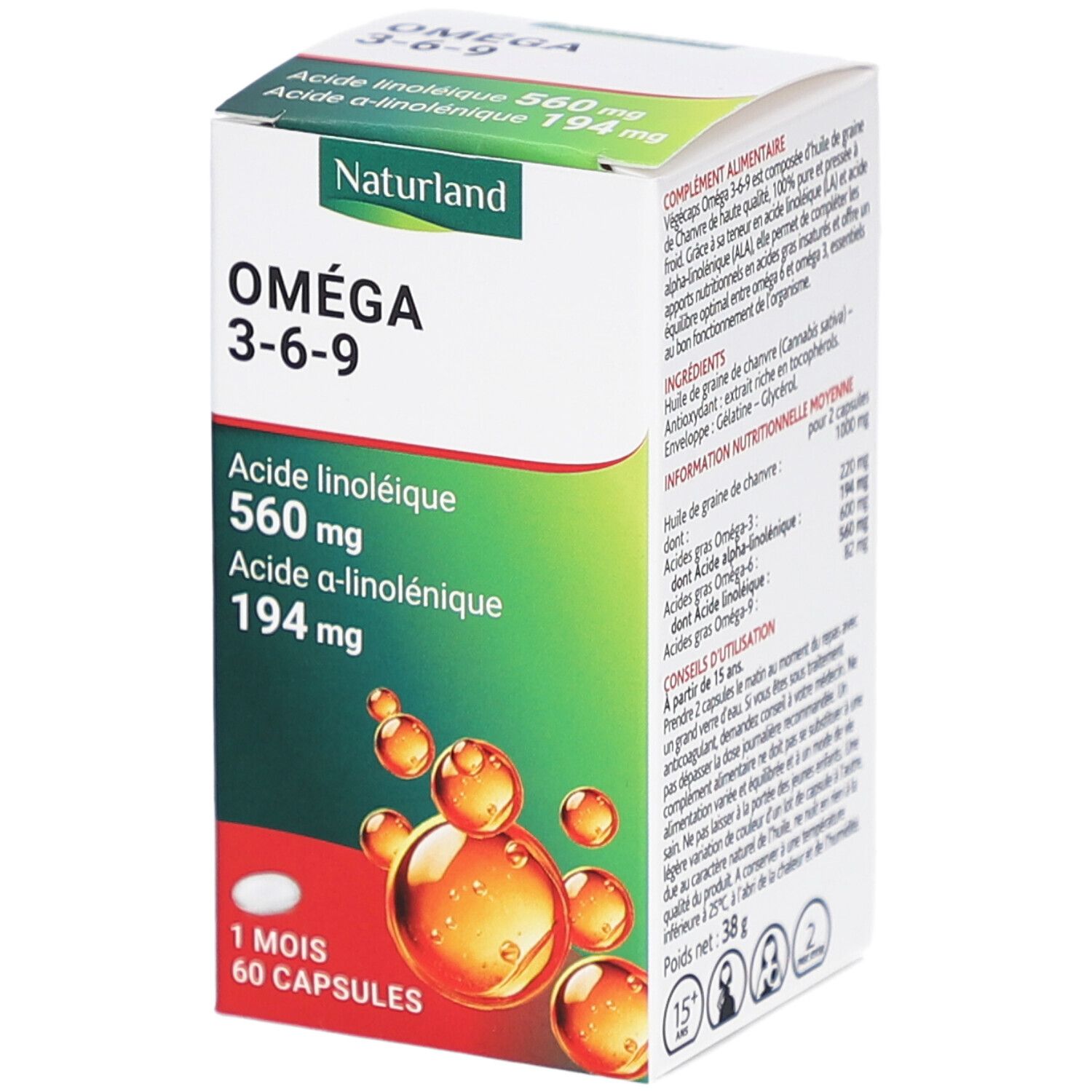 Boîte de gélules Naturland Oméga 3-6-9. Contient 60 capsules. Inscriptions: Oméga 3-6-9, Acide linoléique 560 mg, Acide a-linolénique 194 mg.