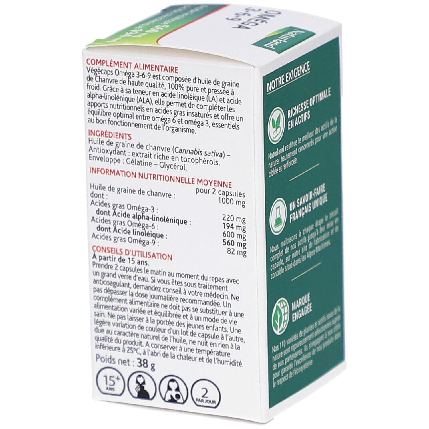 Côté de la boîte de gélules Naturland Oméga 3-6-9. Contient des informations sur les ingrédients, les valeurs nutritionnelles et les conseils d'utilisation.