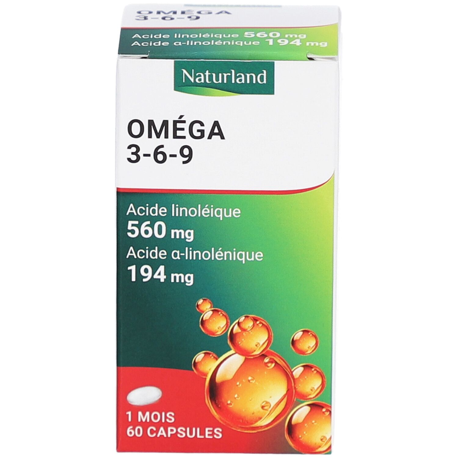 Boîte de gélules Naturland Oméga 3-6-9. Inscriptions: Oméga 3-6-9, Acide linoléique 560 mg, Acide a-linolénique 194 mg. 60 capsules.