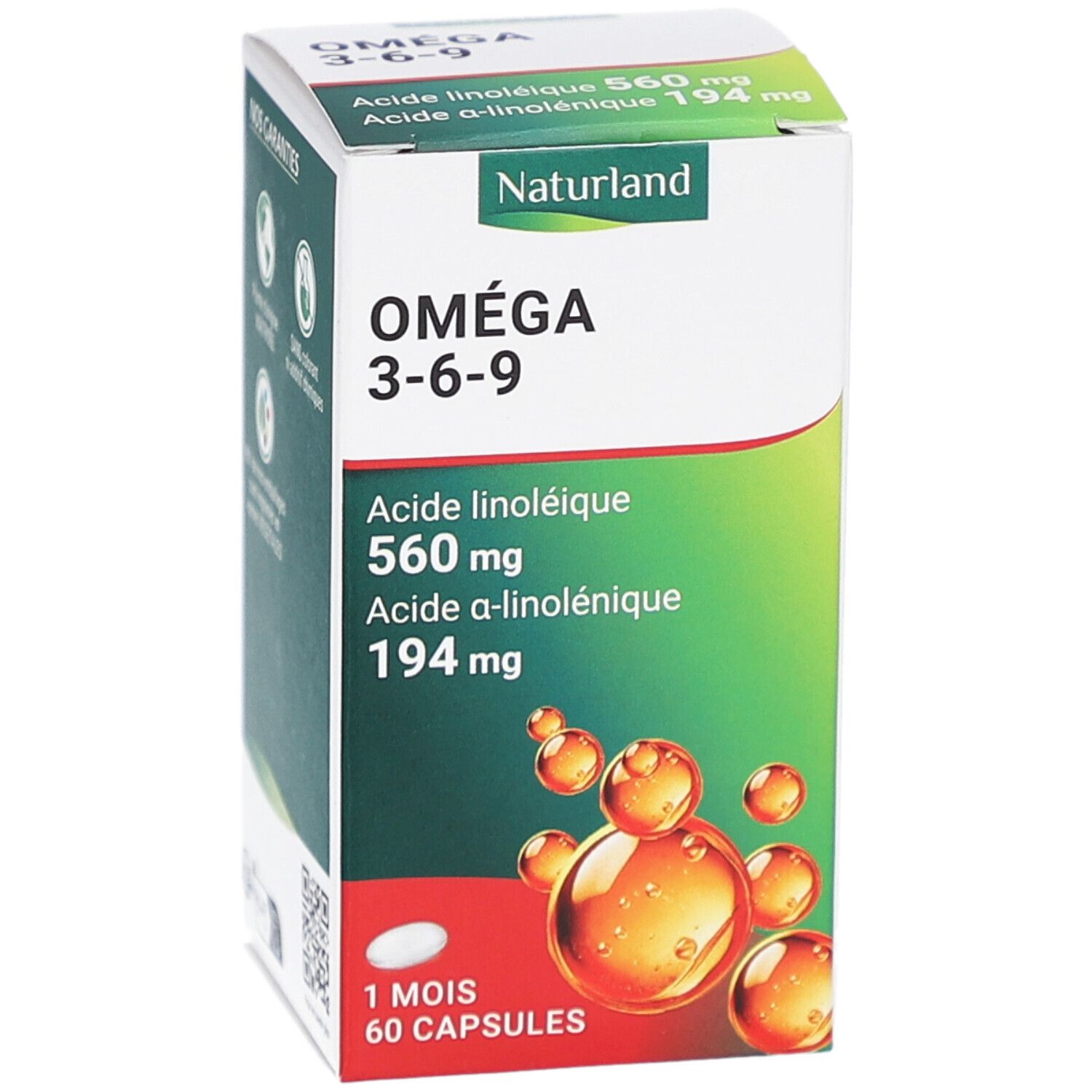 Boîte de gélules Naturland Oméga 3-6-9. Inscriptions: Oméga 3-6-9, Acide linoléique 560 mg, Acide a-linolénique 194 mg. 60 capsules.