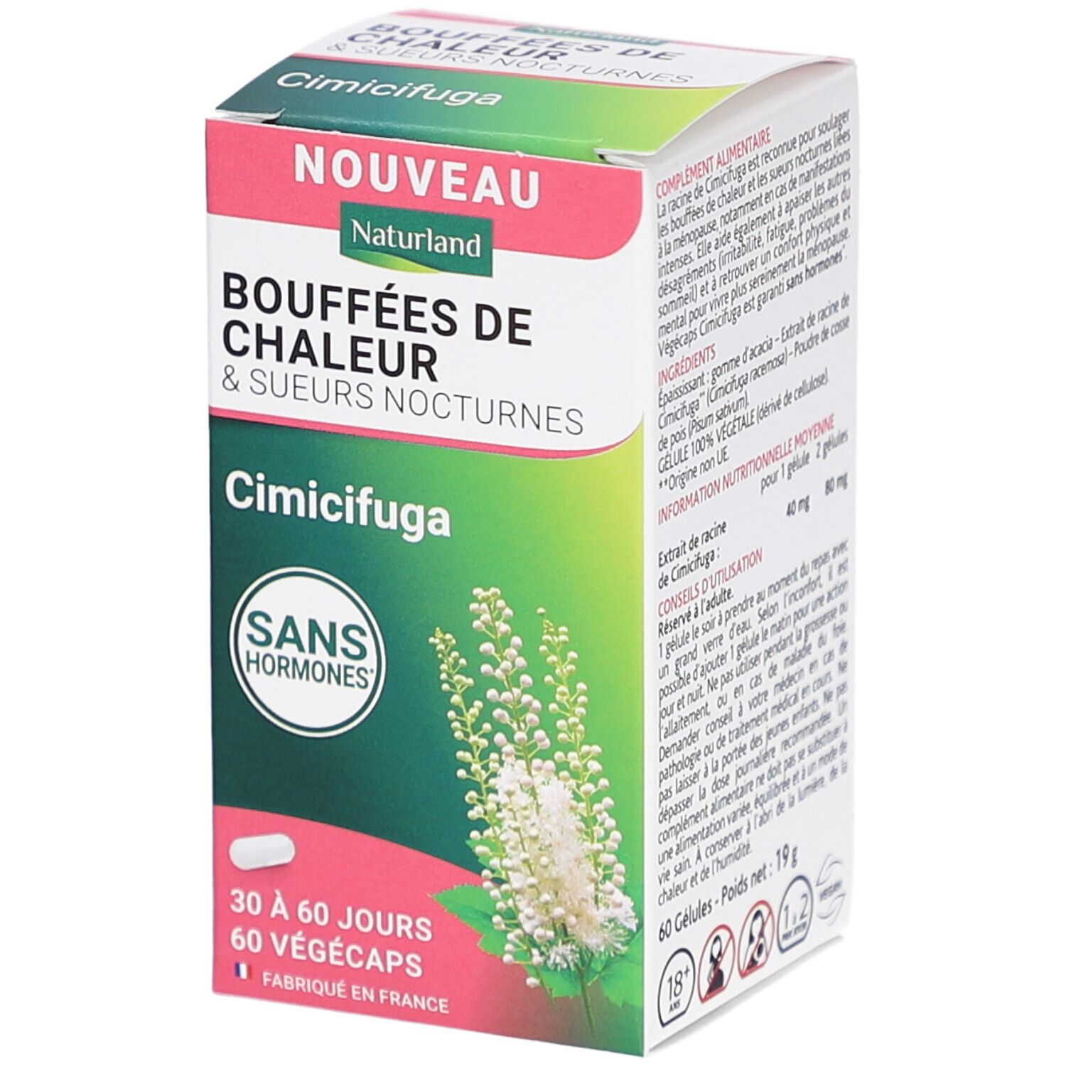 Boîte de gélules de Cimicifuga. Inscription: Bouffées de Chaleur & Sueurs Nocturnes. Contient 60 Végécaps. Sans hormones.