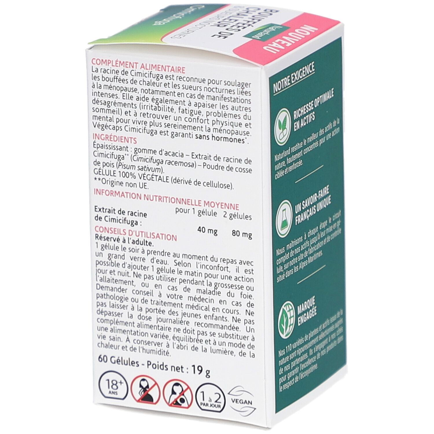 Dos de la boîte de gélules de Cimicifuga. Texte: Composition, conseils d'utilisation, informations nutritionnelles. 60 gélules, 19 g. Logo vegan.