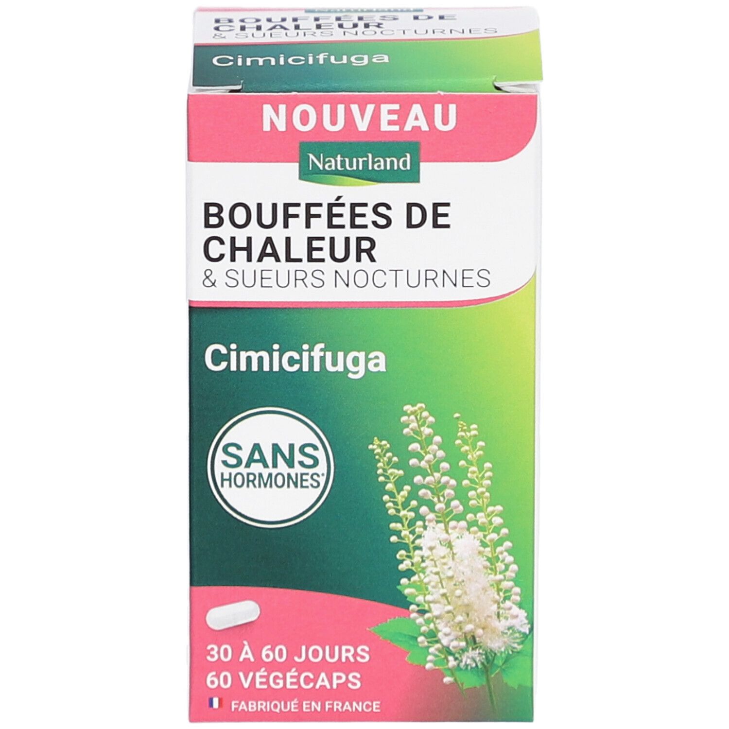 Boîte de gélules de Cimicifuga. Inscription: Bouffées de Chaleur & Sueurs Nocturnes. Contient 60 Végécaps. Sans hormones. Gélule blanche illustrée.