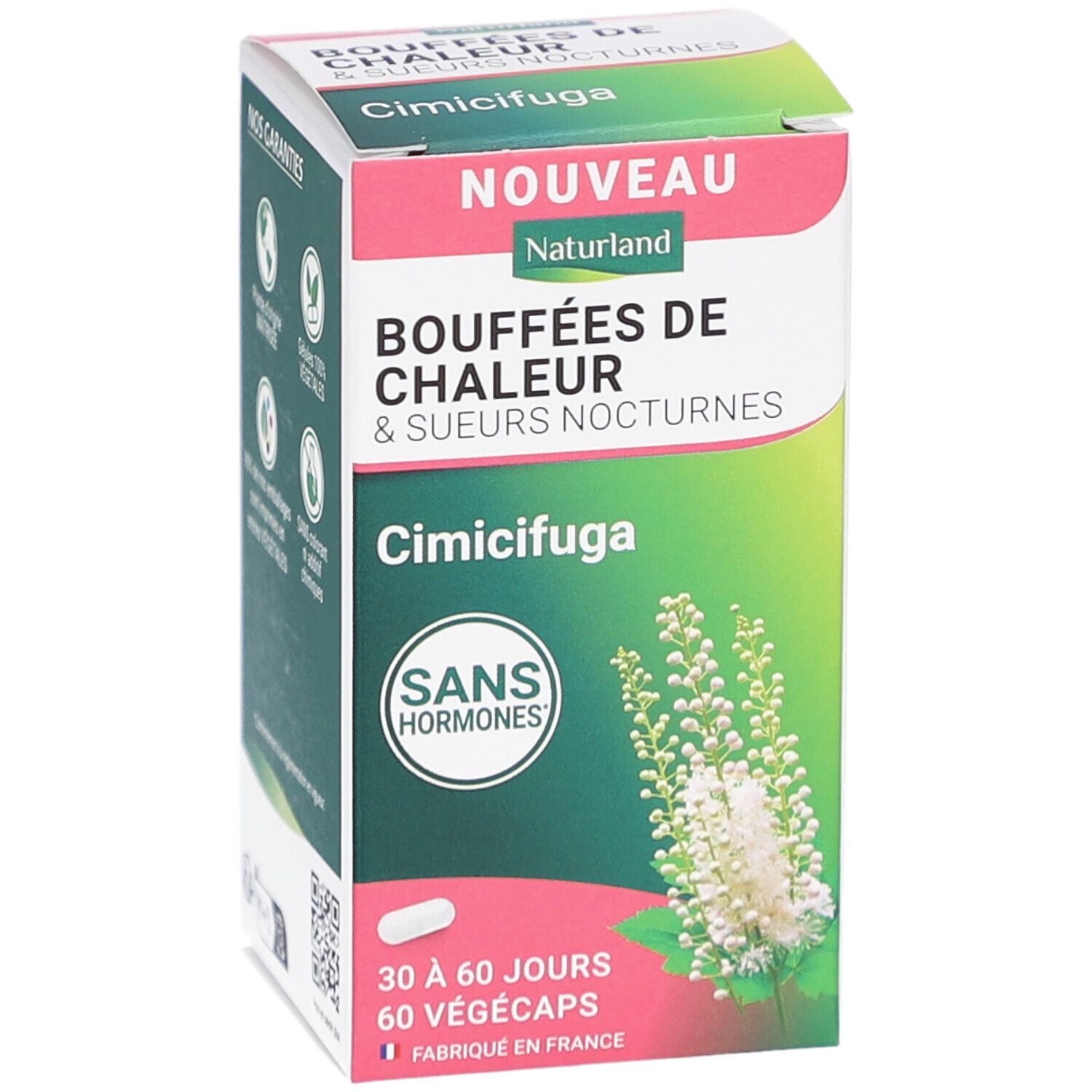 Boîte de gélules de Cimicifuga. Inscription: Bouffées de Chaleur & Sueurs Nocturnes. Contient 60 Végécaps. Sans hormones. Design vert et blanc.