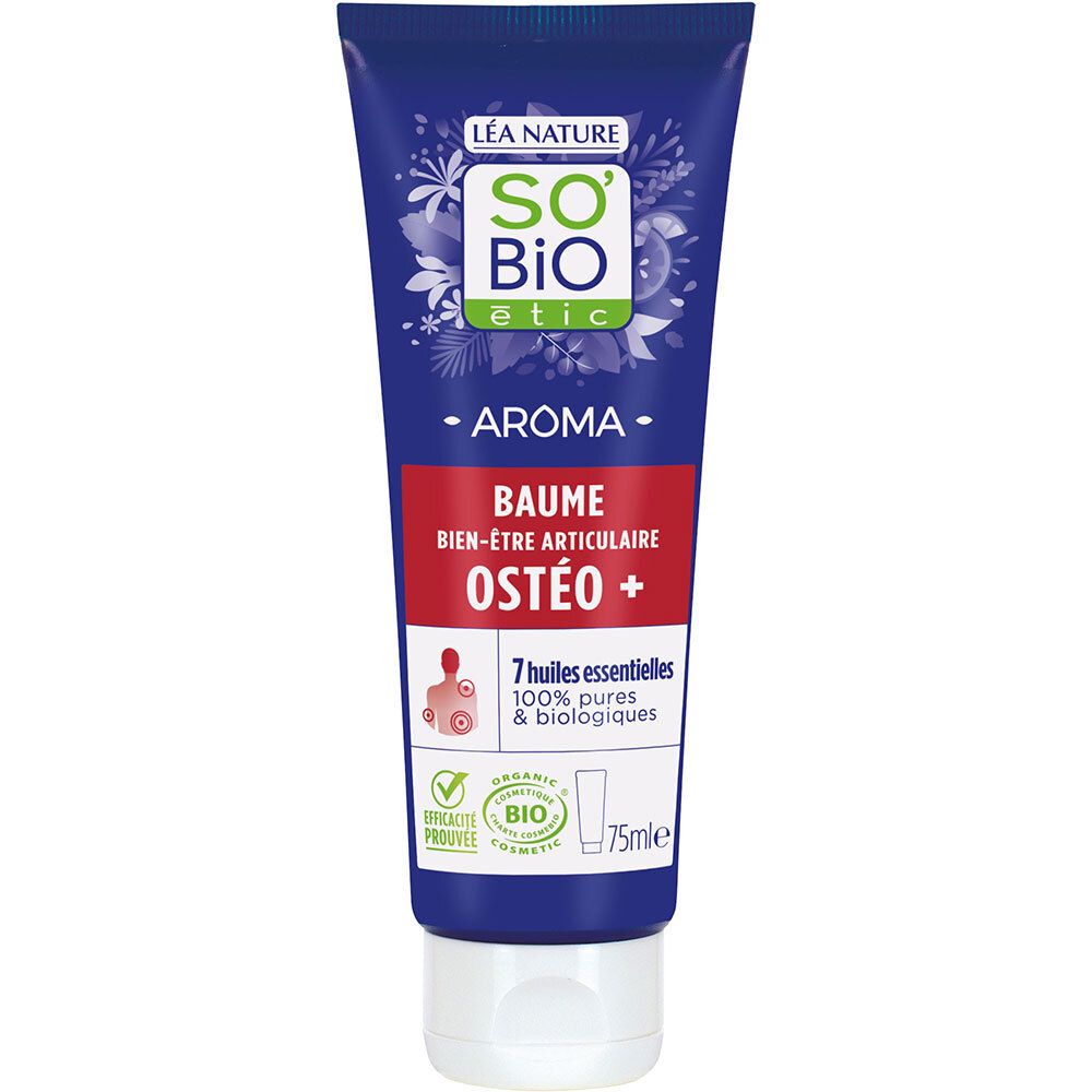 Tube bleu, bouchon blanc. Inscription: SO'BiO étic, Aroma, Baume, Bien-être articulaire, OSTÉO +. Label Bio.