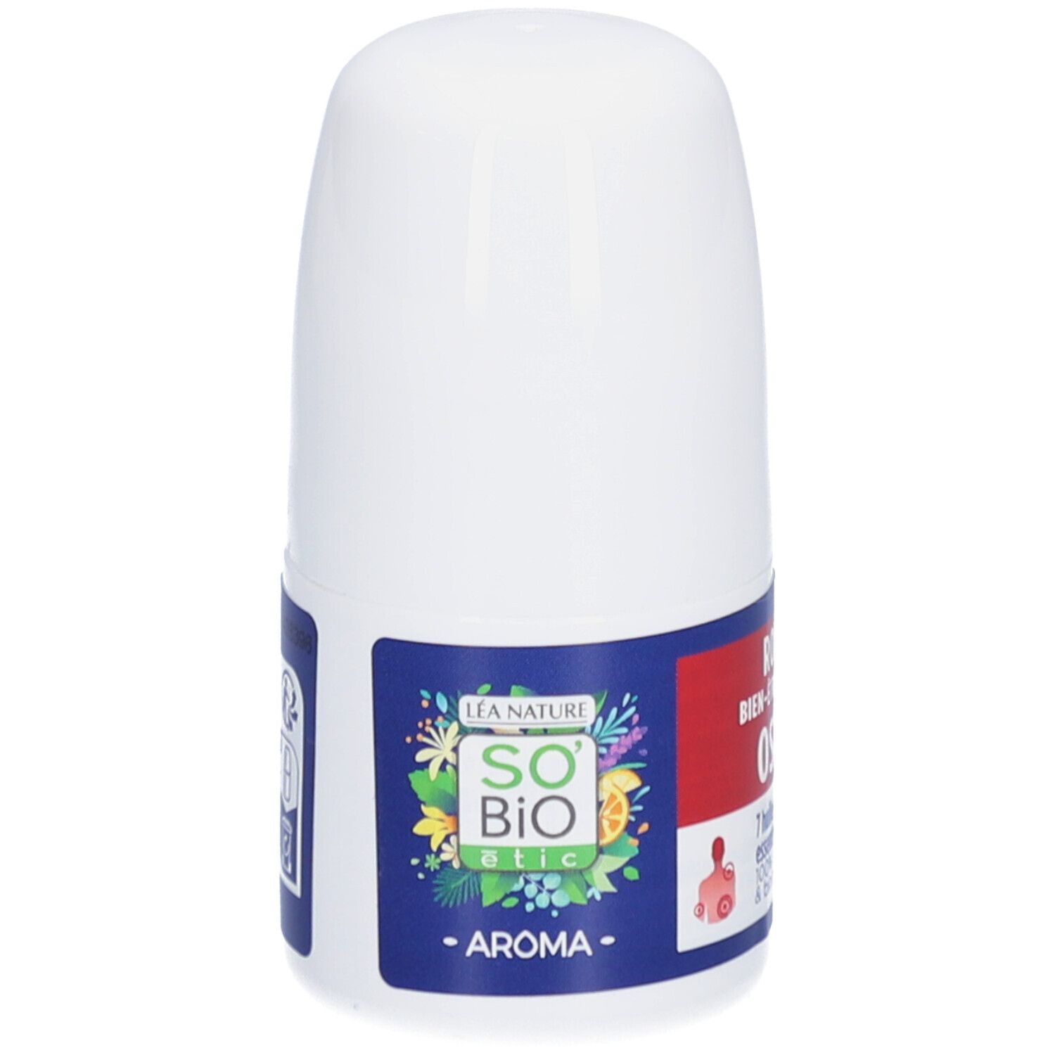Roll-on blanc avec étiquette bleue. Logo: SO BIO étic. Texte: - AROMA -.