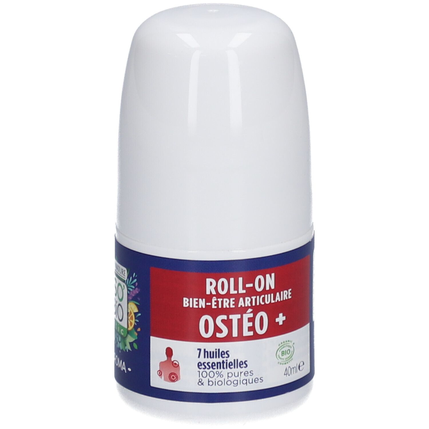 Roll-on blanc avec étiquette rouge et bleue. Texte: ROLL-ON BIEN-ÊTRE ARTICULAIRE OSTÉO +.