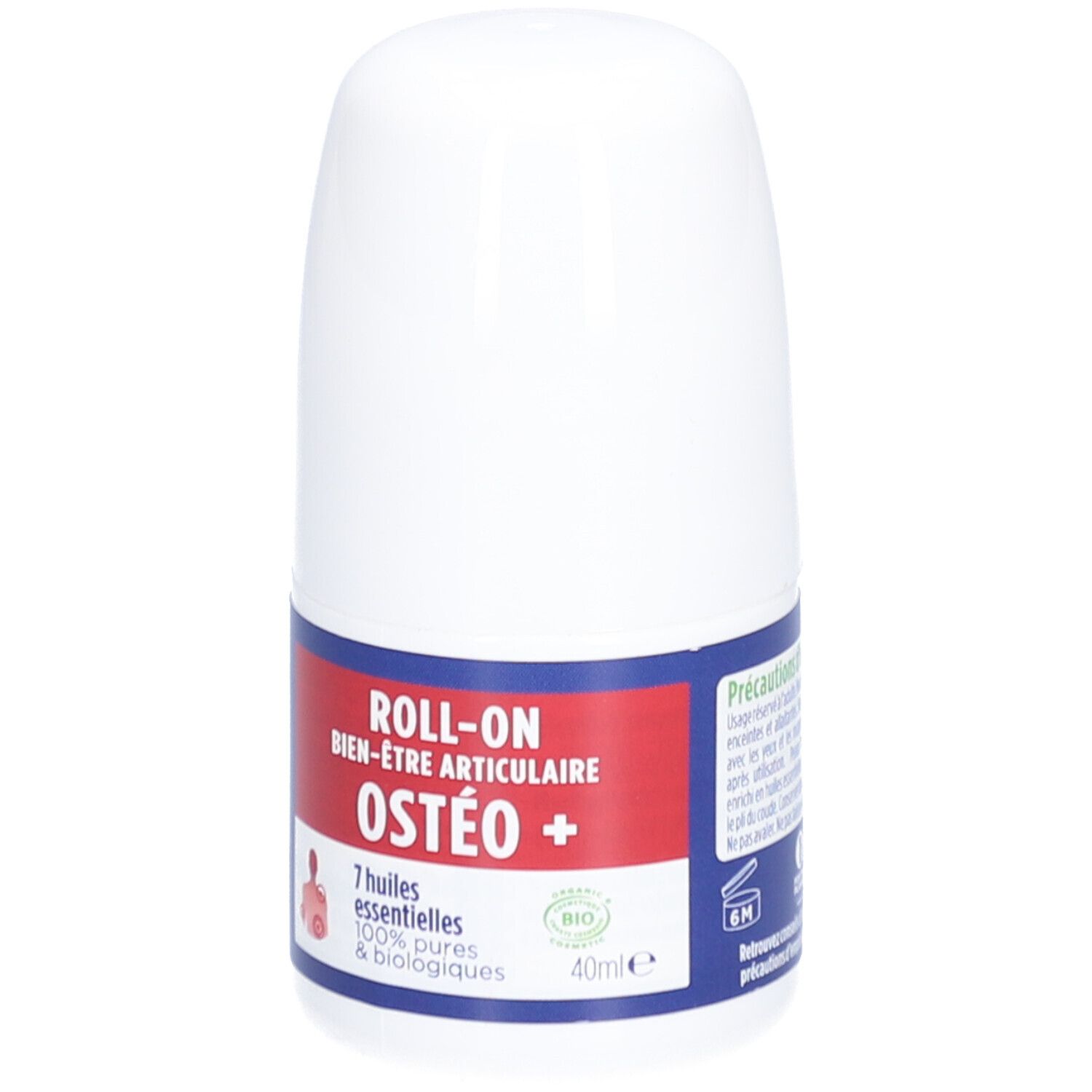 Roll-on blanc avec étiquette rouge et bleue. Texte: ROLL-ON BIEN-ÊTRE ARTICULAIRE OSTÉO +.
