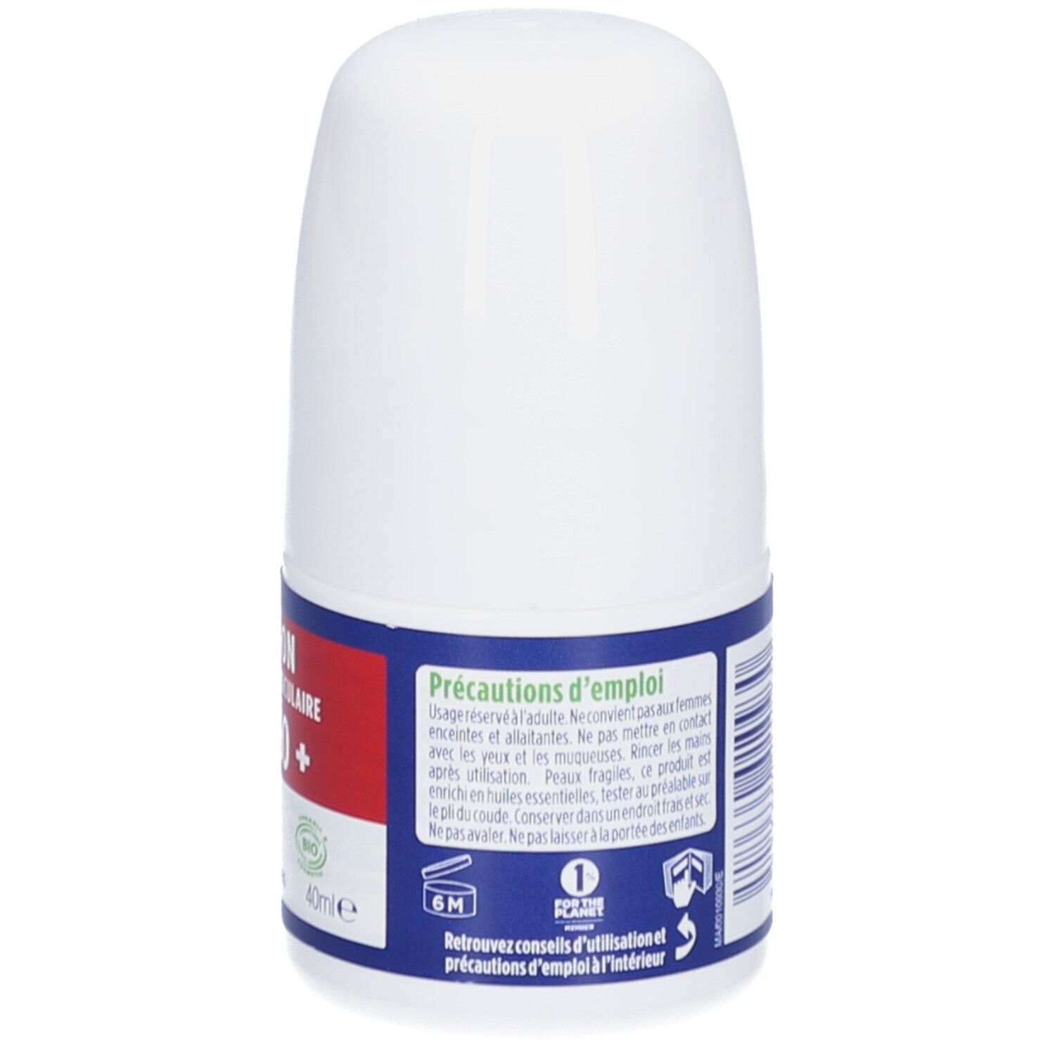 Dos d'un roll-on blanc avec étiquette bleue. Texte et pictogrammes.
