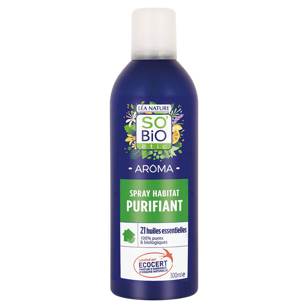 Flacon spray bleu et blanc. Inscription: SO'BiO étic Aroma, Spray Habitat Purifiant, 21 huiles essentielles. Label ECOCERT.