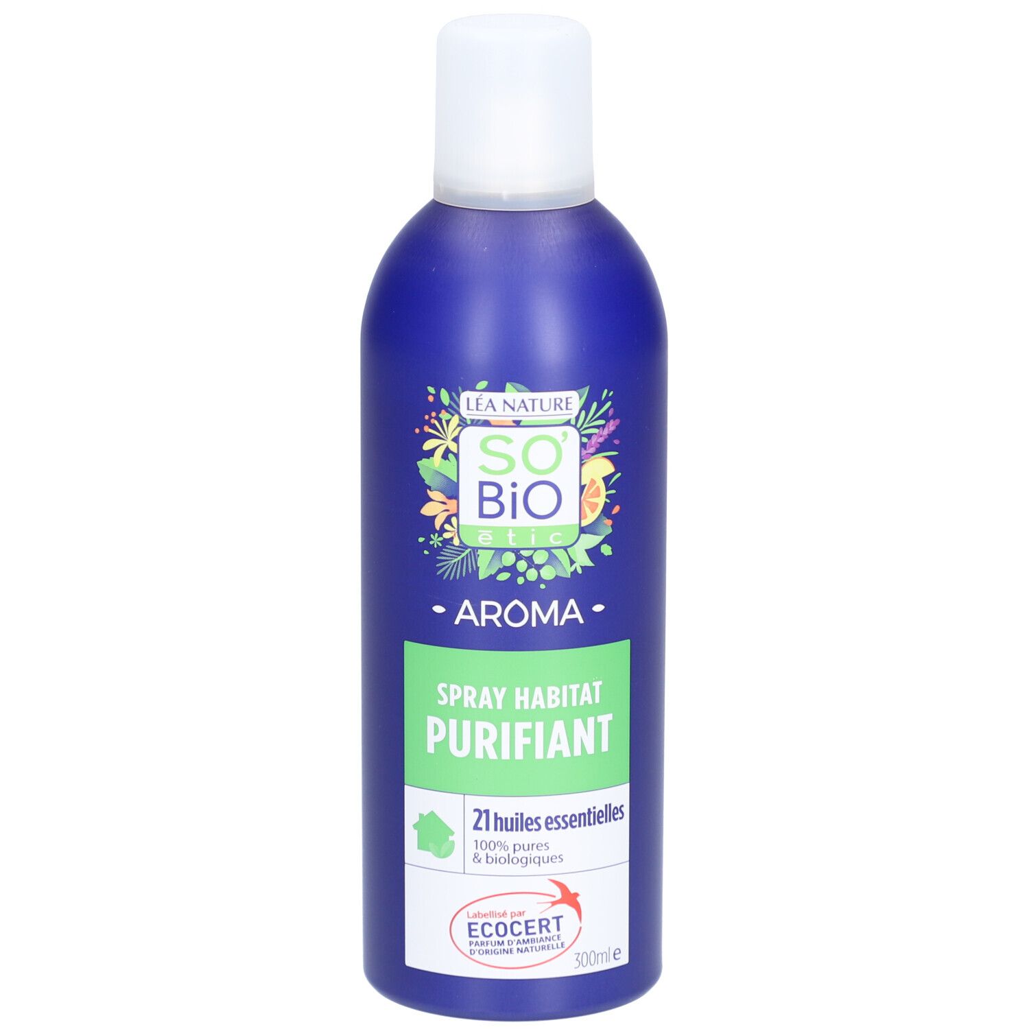 Flacon spray bleu avec bouchon blanc. Inscriptions: SO BIO ETIC, AROMA, SPRAY HABITAT PURIFIANT. Certification ECOCERT.