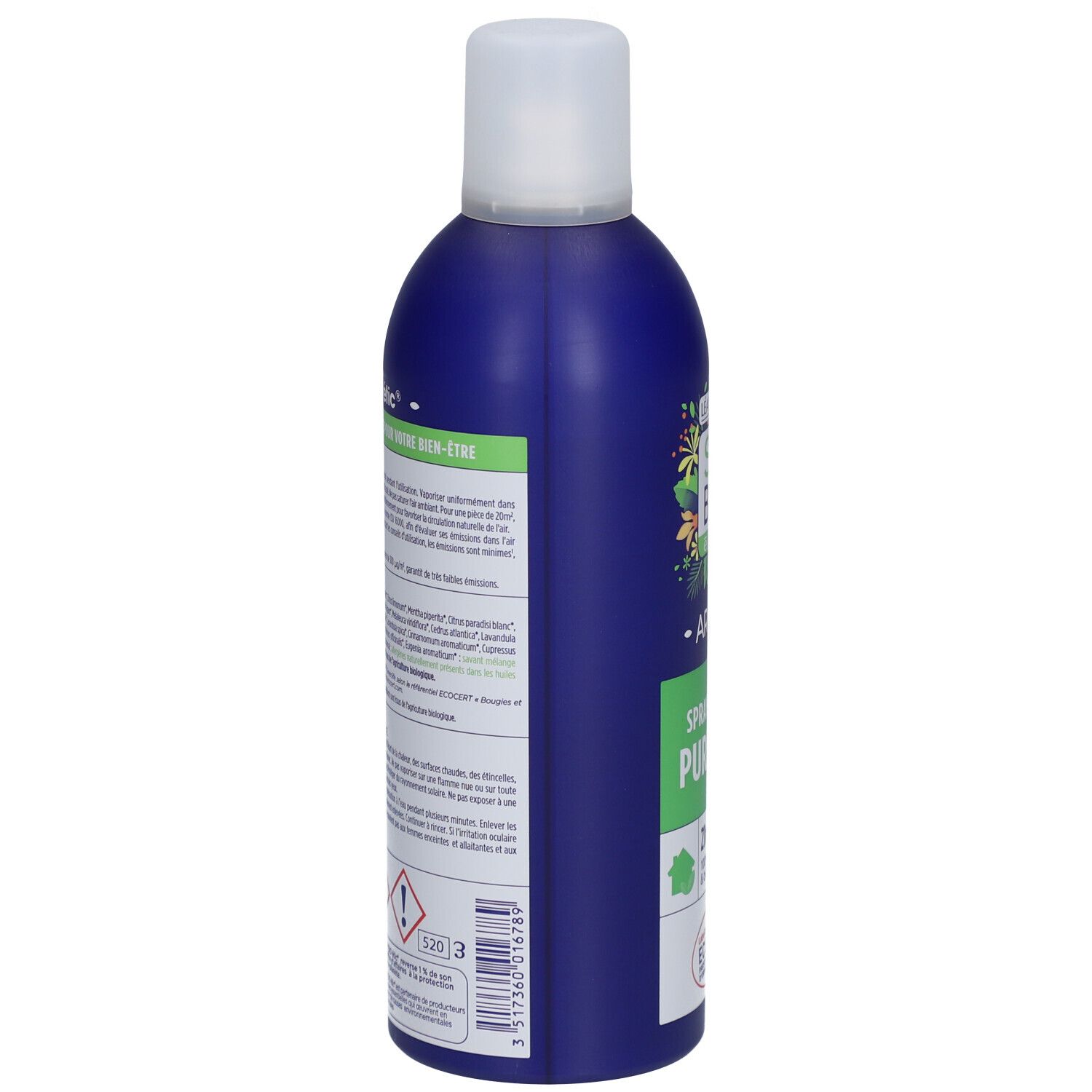 Flacon spray bleu. Dos avec texte. Avertissements et ingrédients. Logo ECOCERT et code-barres.