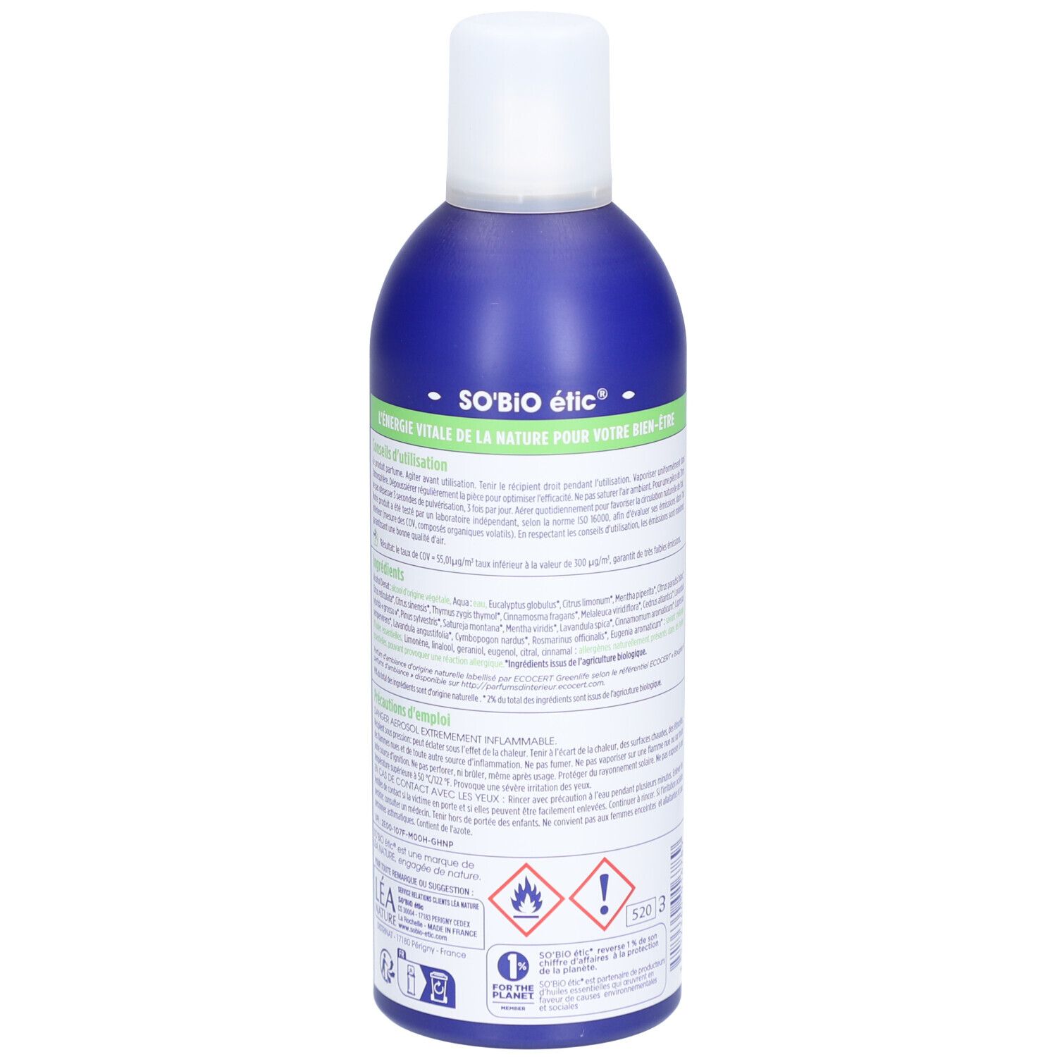 Flacon spray bleu. Dos avec texte. Avertissements et ingrédients. Logos et pictogrammes.