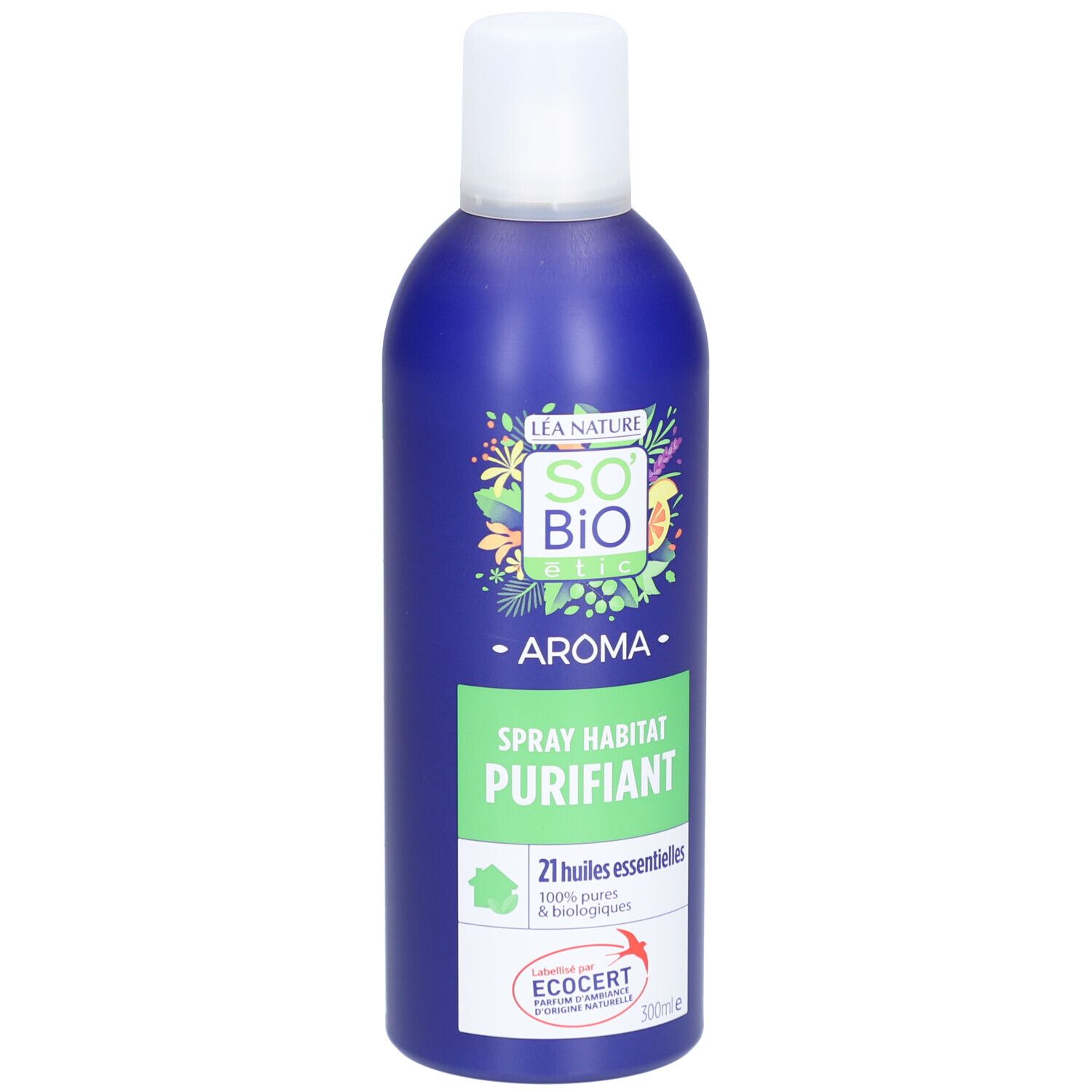 Flacon spray bleu avec bouchon blanc. Inscriptions: SO BIO ETIC, AROMA, SPRAY HABITAT PURIFIANT. Certification ECOCERT.