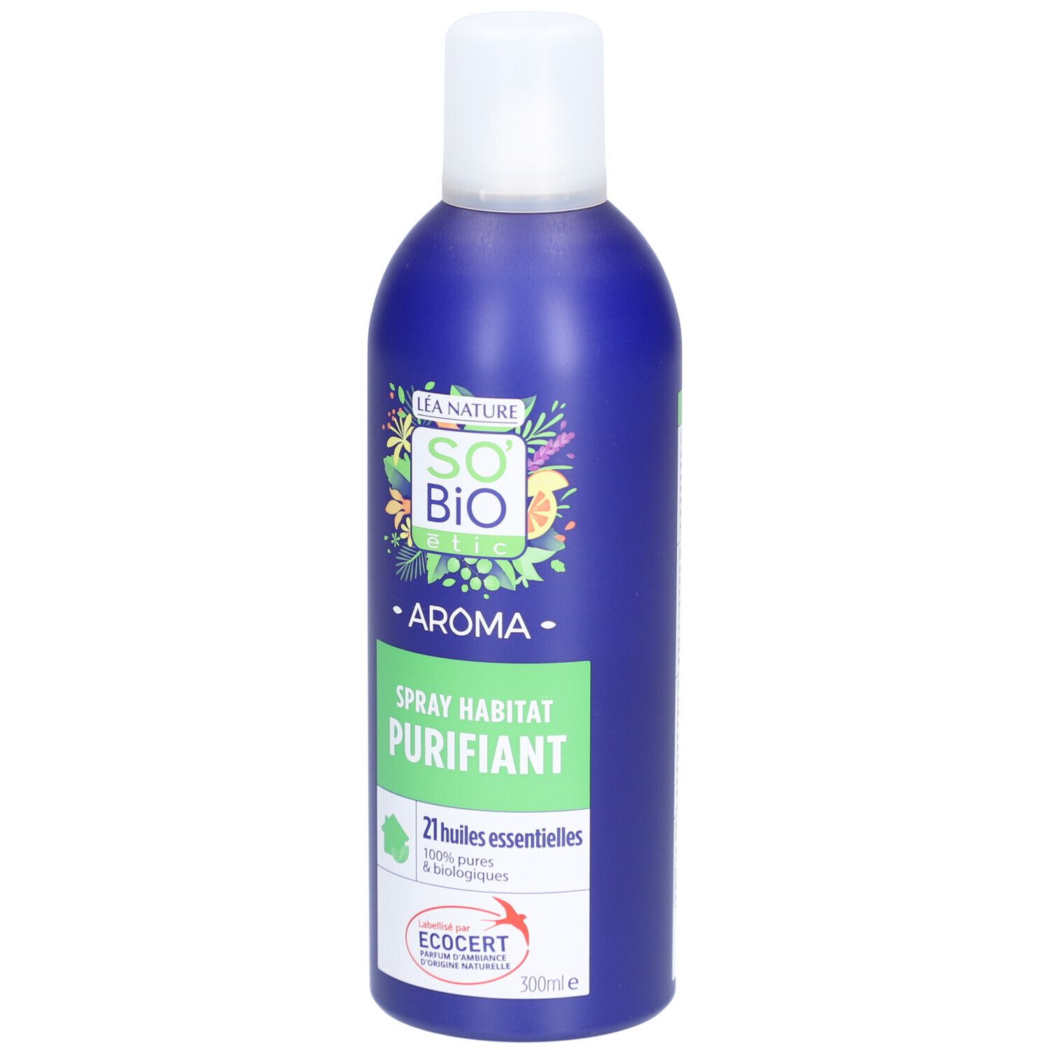 Flacon spray bleu avec bouchon blanc. Inscriptions: SO BIO ETIC, AROMA, SPRAY HABITAT PURIFIANT. Certification ECOCERT.