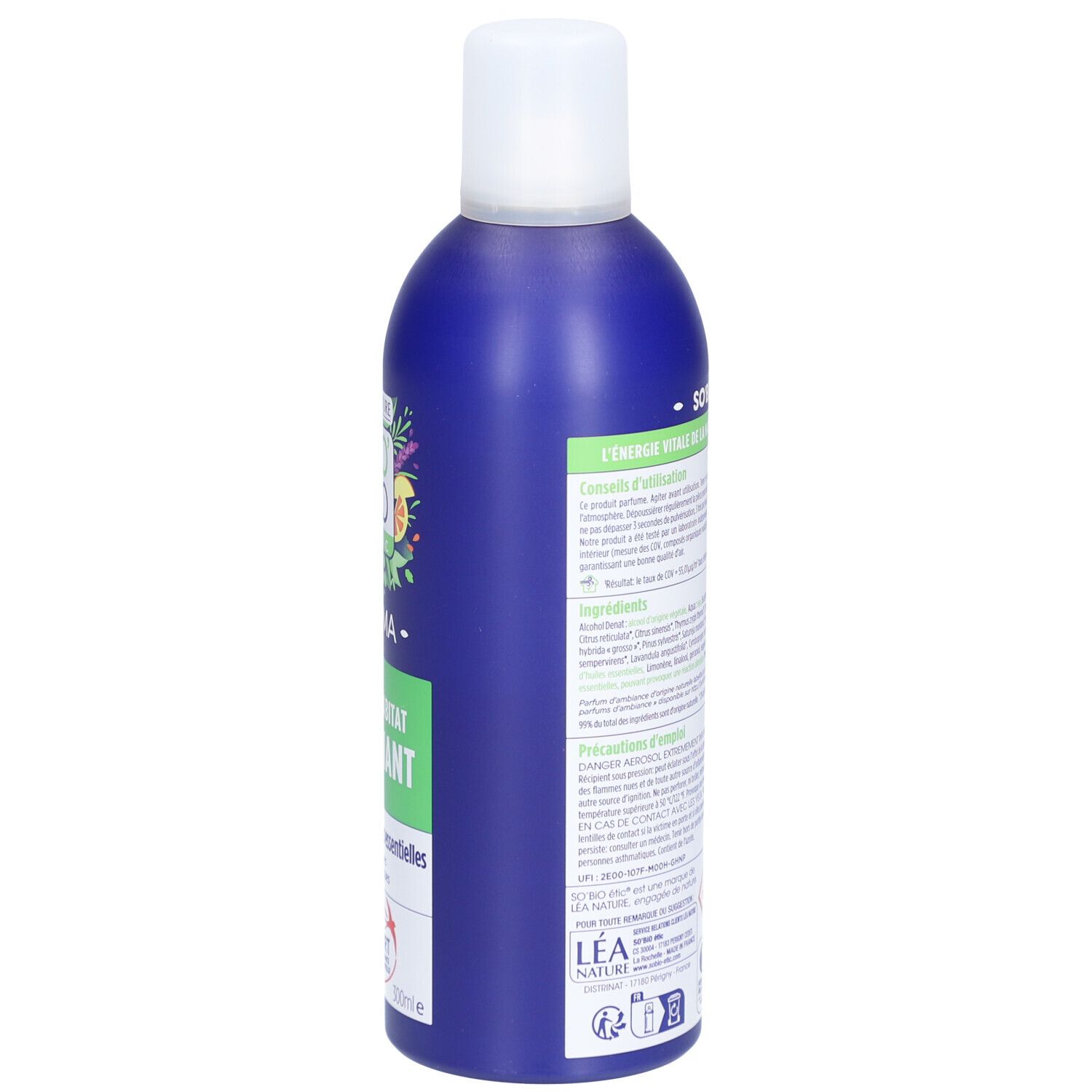 Flacon spray bleu. Dos avec texte. Conseils d'utilisation et ingrédients. Logos et pictogrammes.