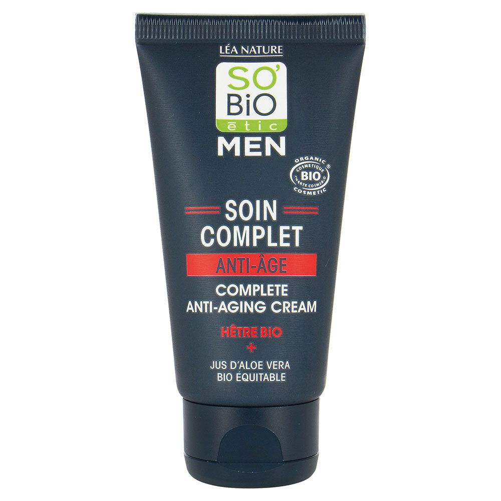 Tube bleu foncé. Texte: SO'BiO étic MEN, Soin Complet Anti-Âge. Certification bio.