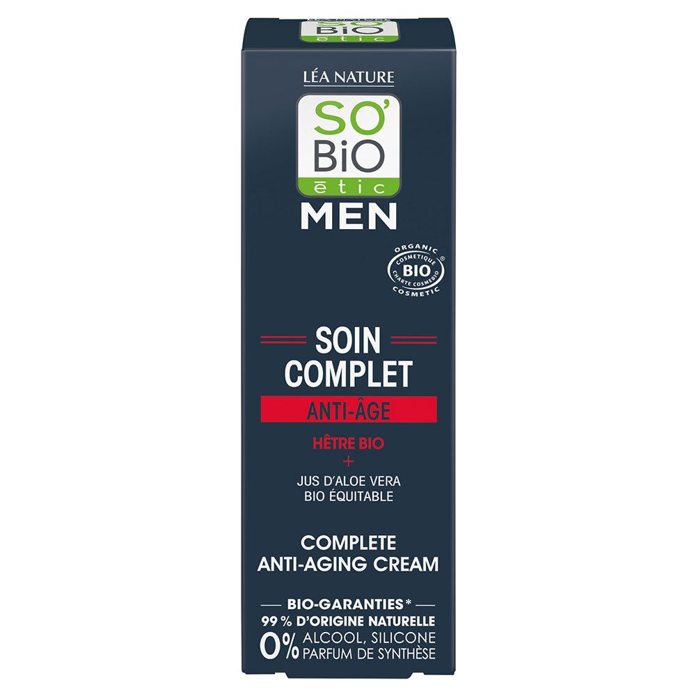 Emballage bleu foncé. Texte: SO'BiO étic MEN, Soin Complet Anti-Âge. Bio-garanties, 0% alcool.