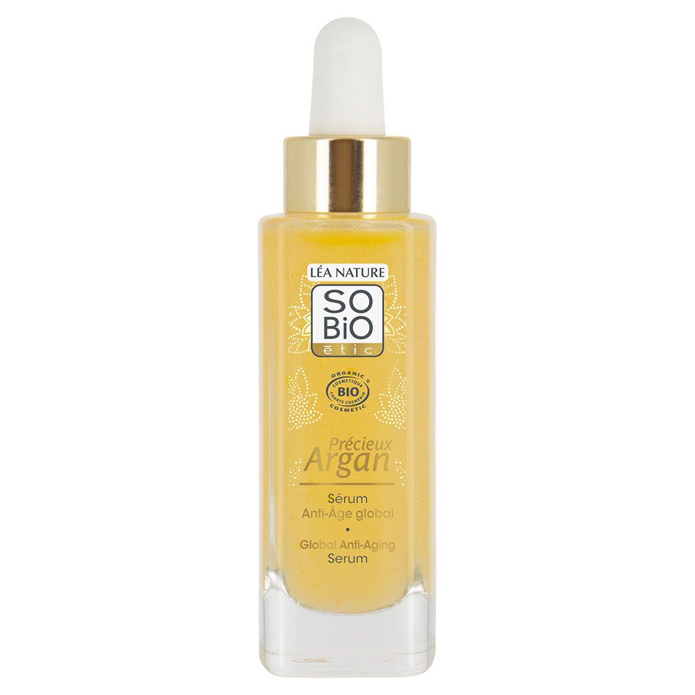 Flacon en verre avec pipette contenant un liquide jaune. Inscription: SO BIO ETIC Précieux Argan Sérum Anti-Âge Global.