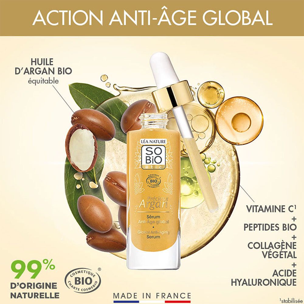 Publicité avec produit et ingrédients. Contient huile d'argan, feuilles, graines, vitamine C, peptides, collagène végétal, acide hyaluronique.