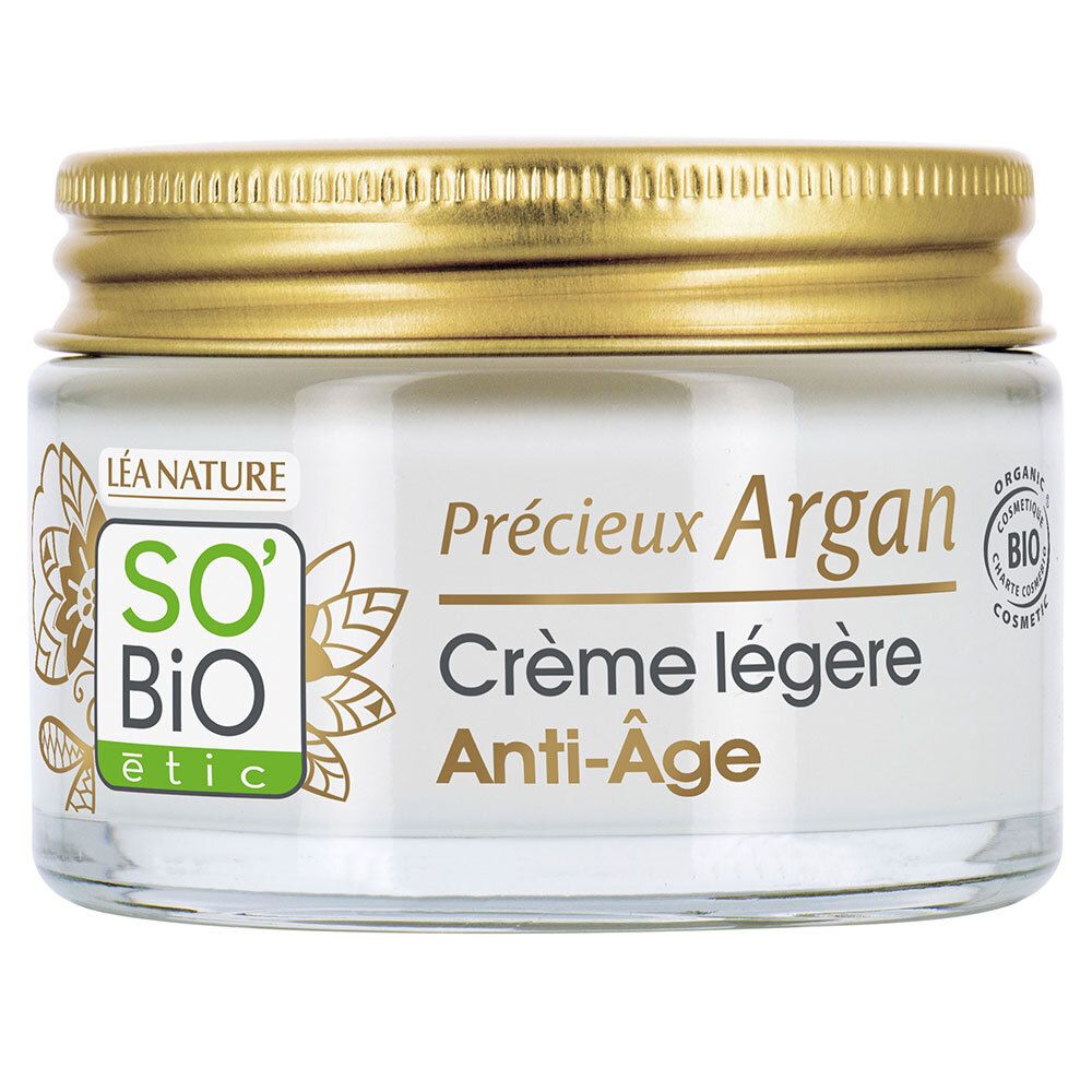 Pot de crème avec couvercle doré. Inscription: SO'BiO étic, Précieux Argan Crème légère Anti-Âge. Certification bio.