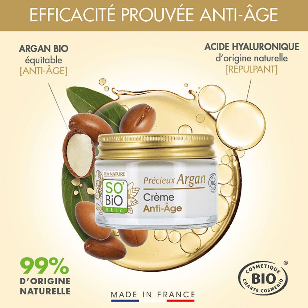 Pot de crème avec noix d'argan et huile. Inscription: SO'BiO étic, Précieux Argan Crème Anti-Âge. 99% d'origine naturelle.