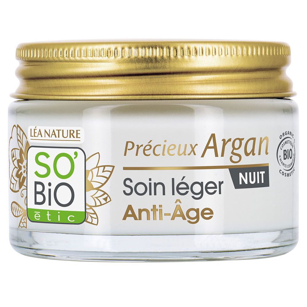 Pot de crème avec couvercle doré. Inscription : Précieux Argan, Soin léger Nuit Anti-Âge. Logo SO'BiO étic.