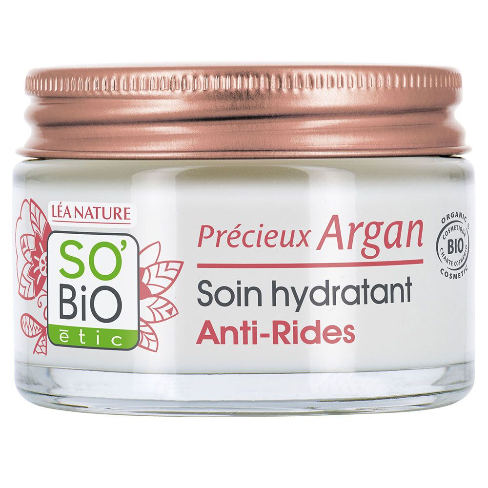 Pot de crème avec couvercle rose. Inscription: Précieux Argan, Soin hydratant Anti-Rides. Logo: SO'BiO étic.