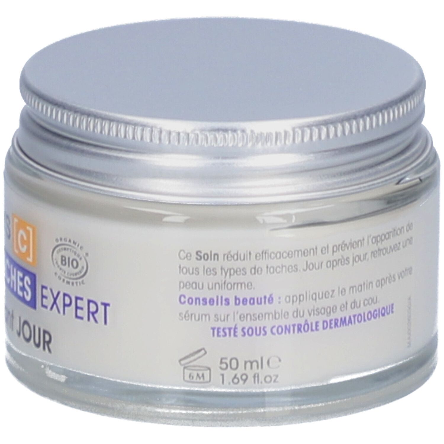 Pot de crème avec couvercle argenté. Inscription: Expert Anti-taches Jour. Certification bio. 50 ml.