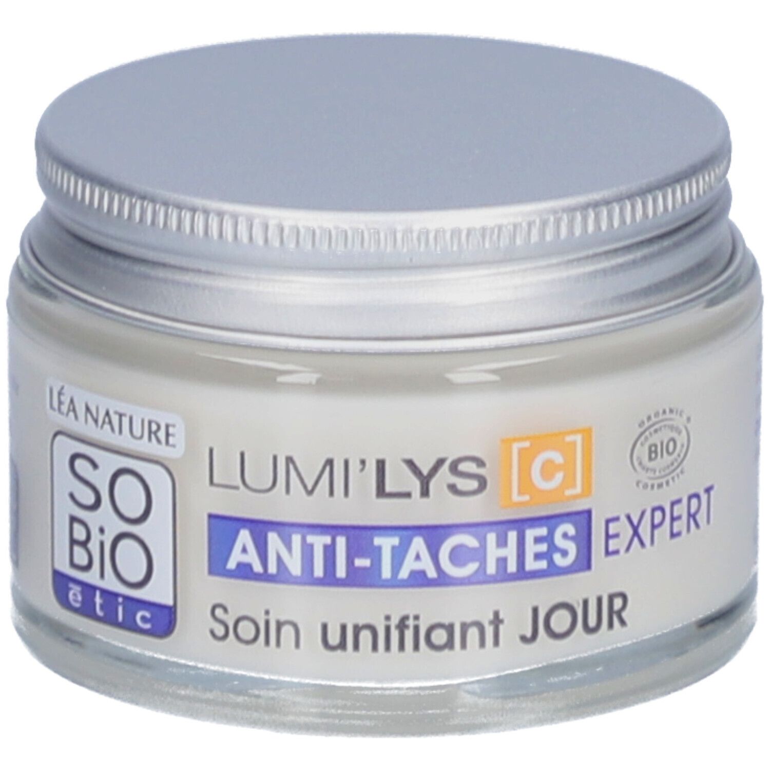 Pot de crème avec couvercle argenté. Inscription: SO BIO etic, Lumi'Lys, Anti-taches Expert, Soin unifiant JOUR. Certification bio.