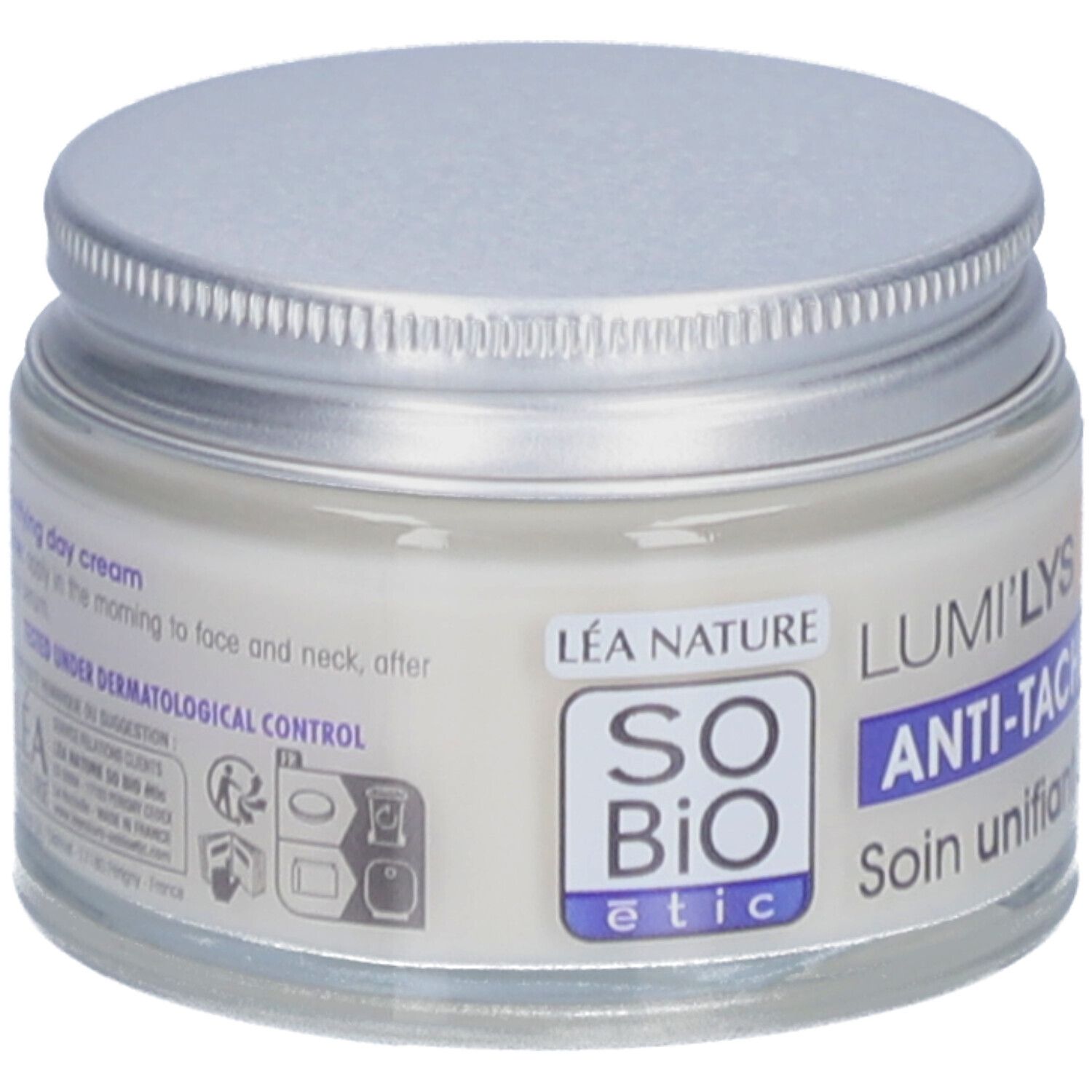 Pot de crème avec couvercle argenté. Inscription: SO BIO etic, Lumi'Lys, Anti-taches, Soin unifiant JOUR. Testé sous contrôle dermatologique.