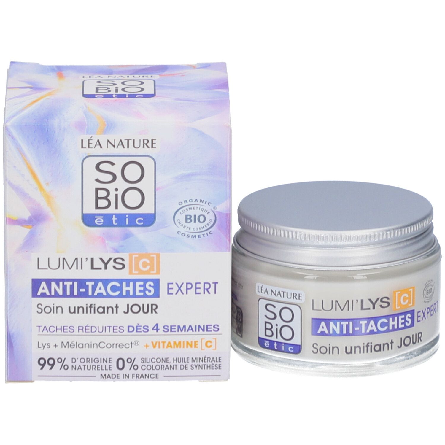 Pot de crème et boîte. Inscription: SO BIO etic, Lumi'Lys, Anti-taches Expert, Soin unifiant JOUR. Certification bio.