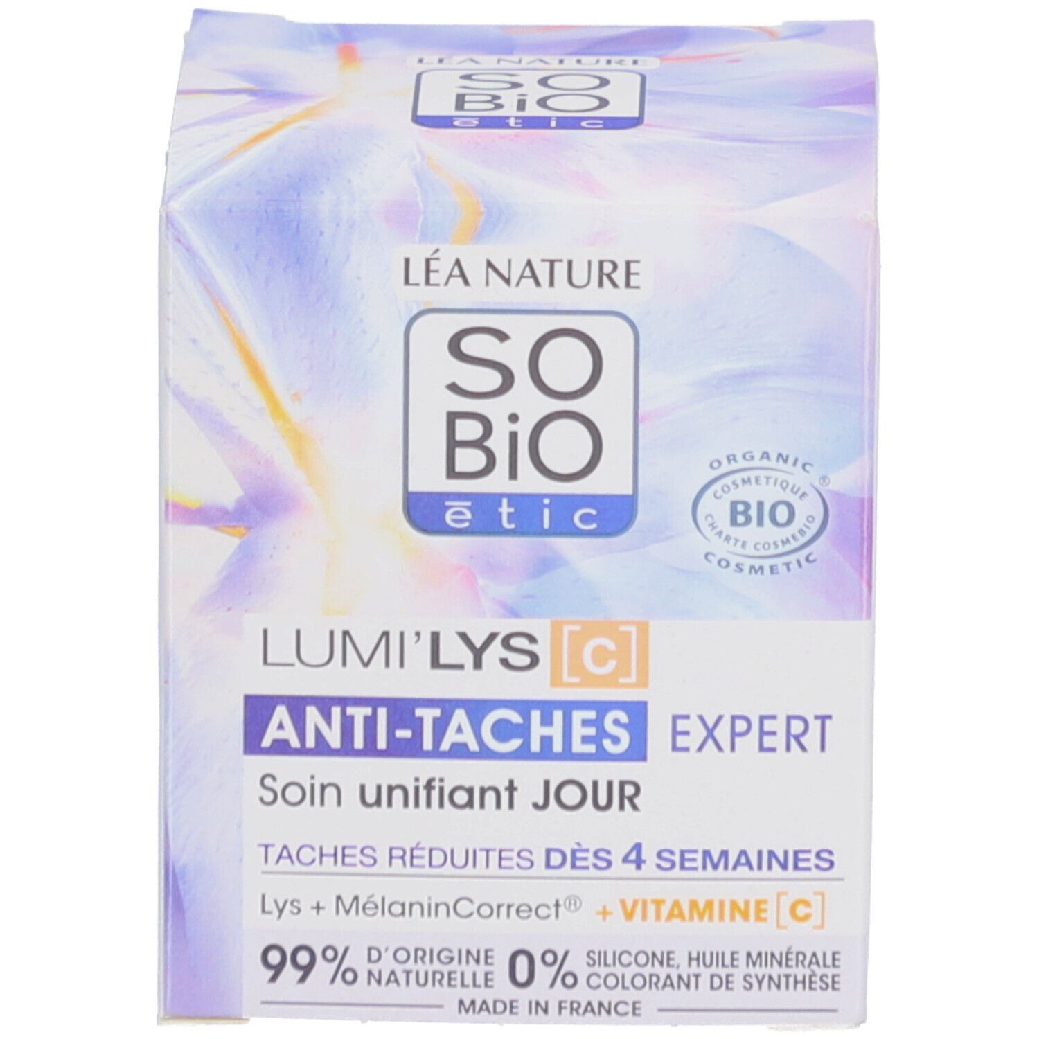 Boîte. Inscription: SO BIO etic, Lumi'Lys, Anti-taches Expert, Soin unifiant JOUR. Certification bio.