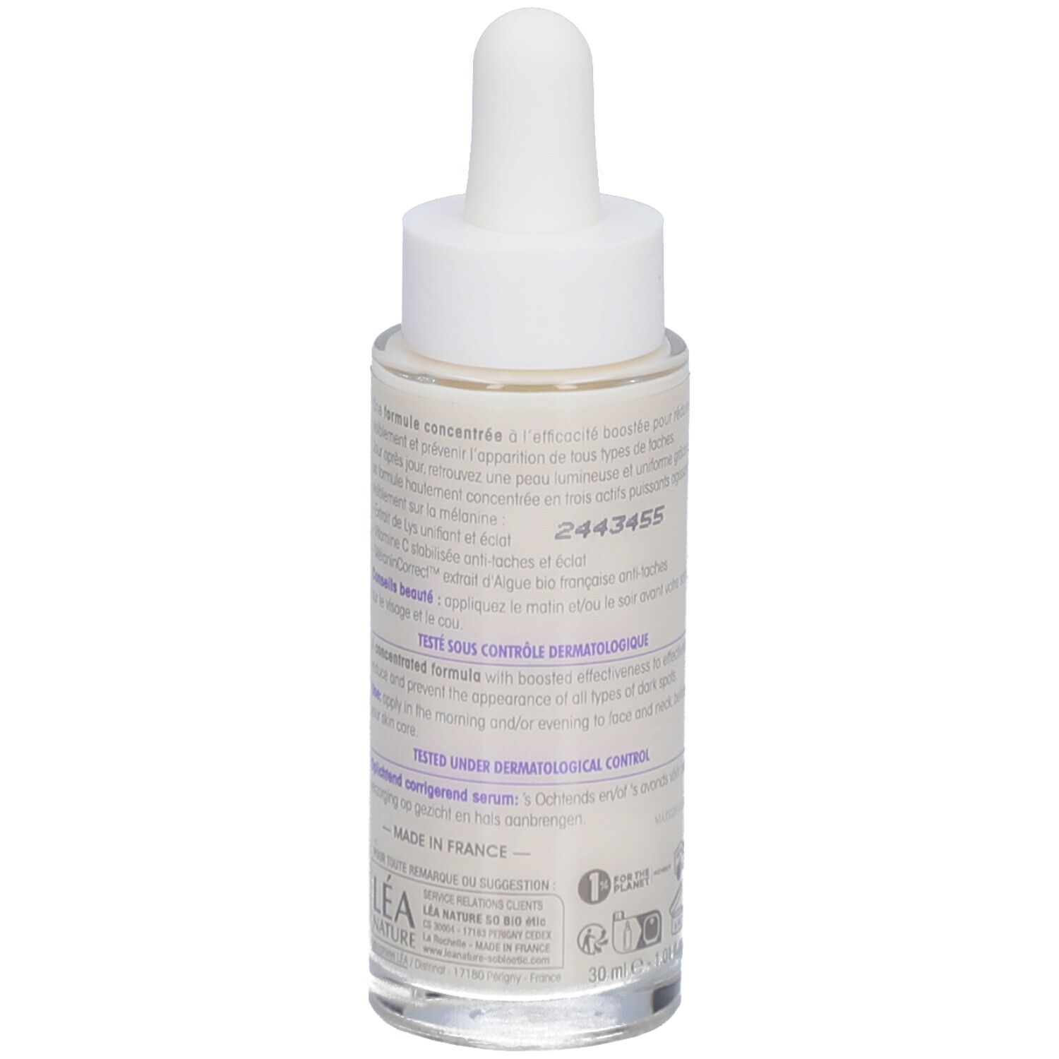 Sérum SO BIO ETIC Lumi'Lys. Flacon avec pipette. Texte et inscriptions. Testé dermatologiquement.