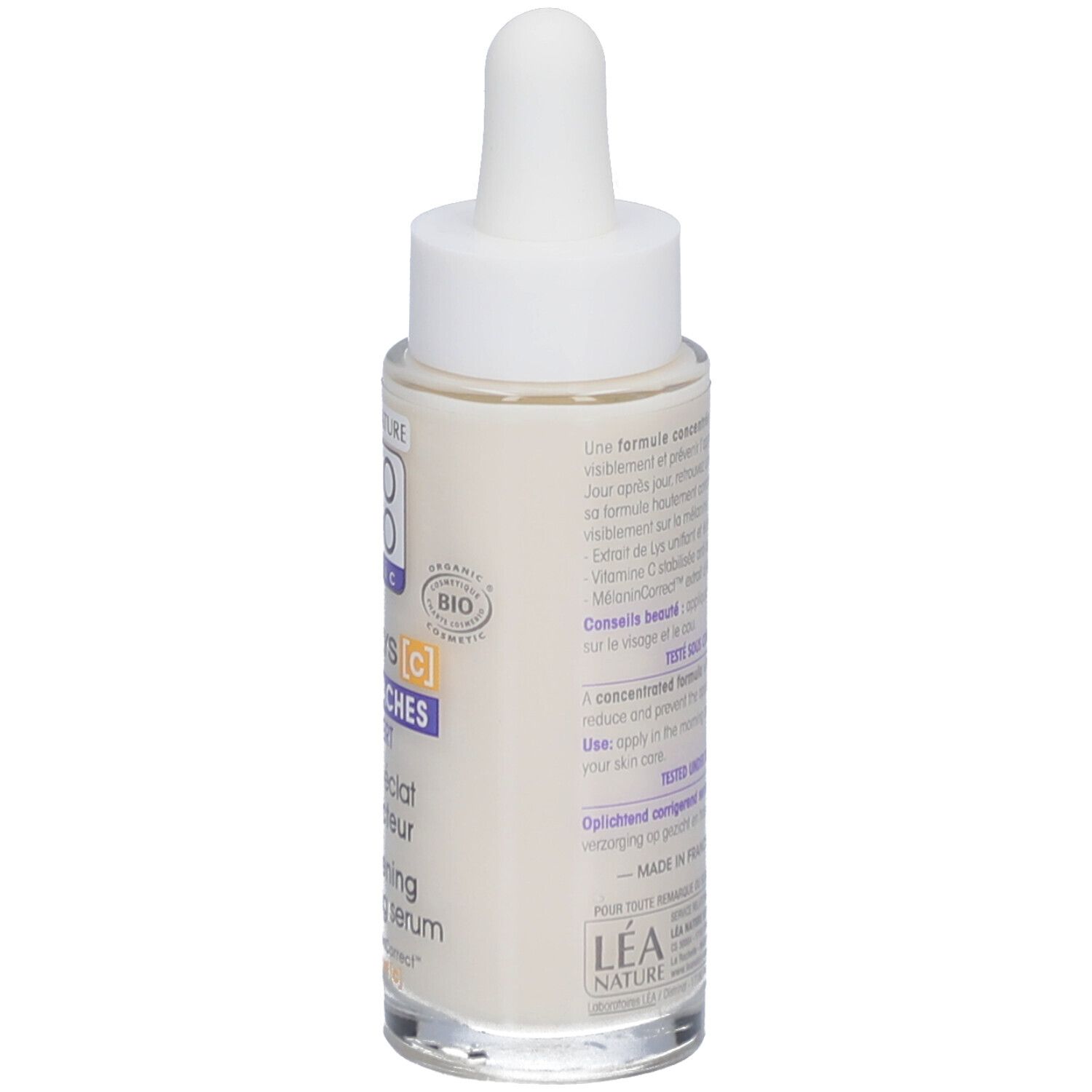 Sérum SO BIO ETIC Lumi'Lys. Flacon avec pipette. Texte et inscriptions. Certification bio.