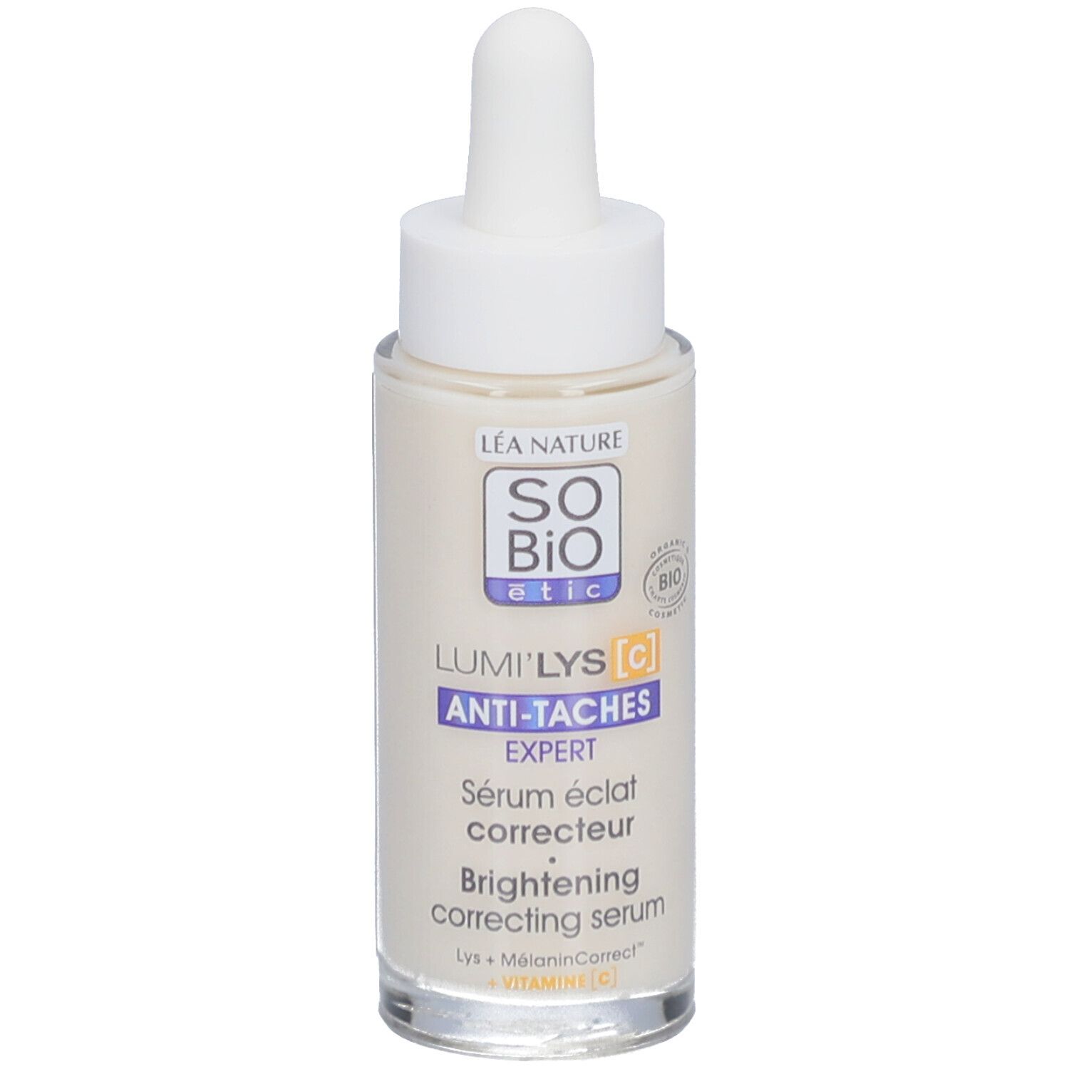 Sérum SO BIO ETIC Lumi'Lys. Flacon avec pipette. Nom du produit et logo. Certification bio.