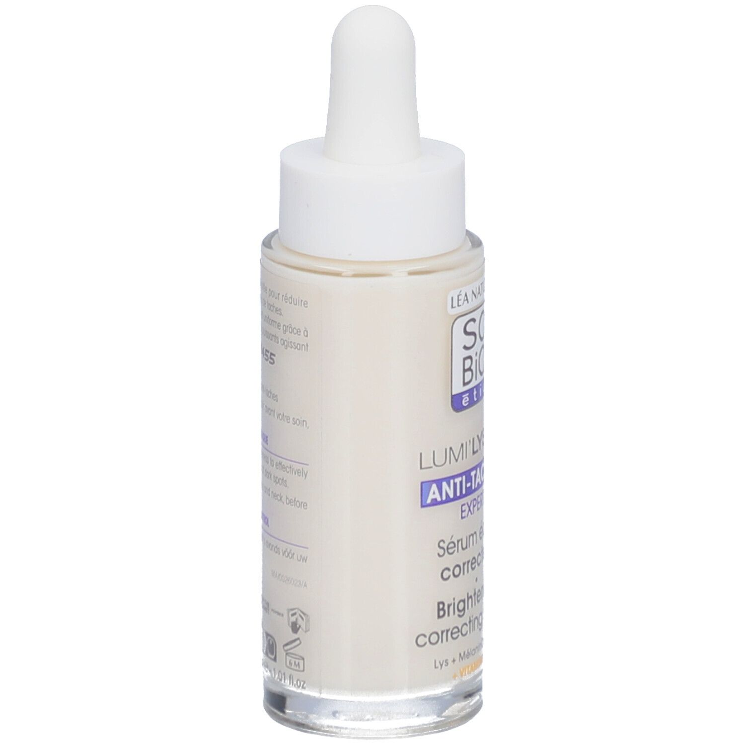 Sérum SO BIO ETIC Lumi'Lys. Flacon avec pipette. Nom du produit et logo. Certification bio.