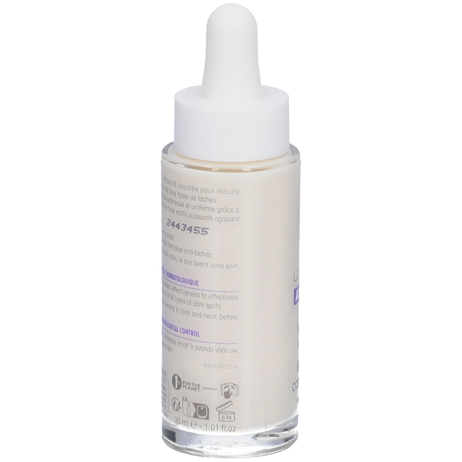 Sérum SO BIO ETIC Lumi'Lys. Flacon avec pipette. Texte et inscriptions. Testé dermatologiquement.